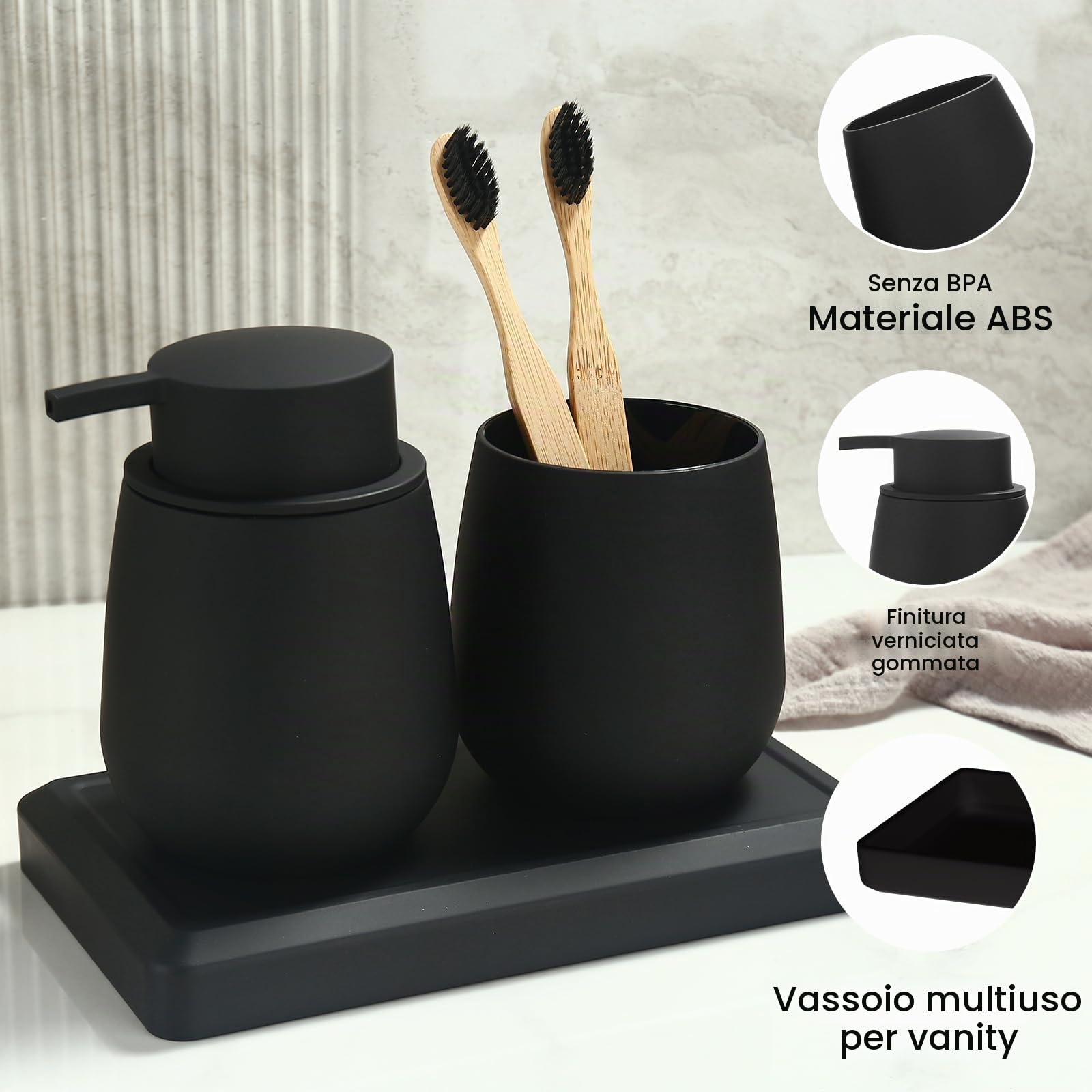 Set Bagno Nero - Dispenser Sapone, Portaspazzolino, Vassoio da Vanity, Moderno Accessori Bagno con Rivestimento in Gomma, Organizzatore da Banco Decorativo (Nero)