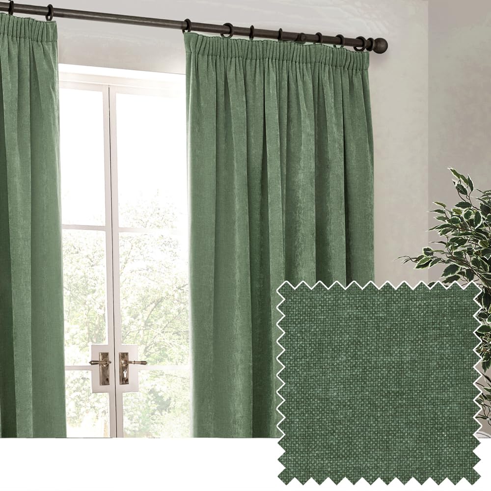 Yard Heavy Chenille Fully Lined Pencil Pleat Curtains Green 229X137cm