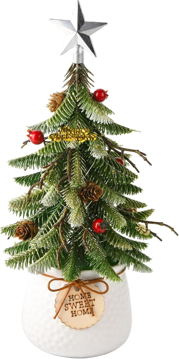 Mini Tabletop Christmas Tree, 14 Inch Artificial Small Xmas Tree with Red Berry, Pine Cone, Fake Greenery for Table Top Office Desk Classroom Room Holiday Christmas Decor(White)