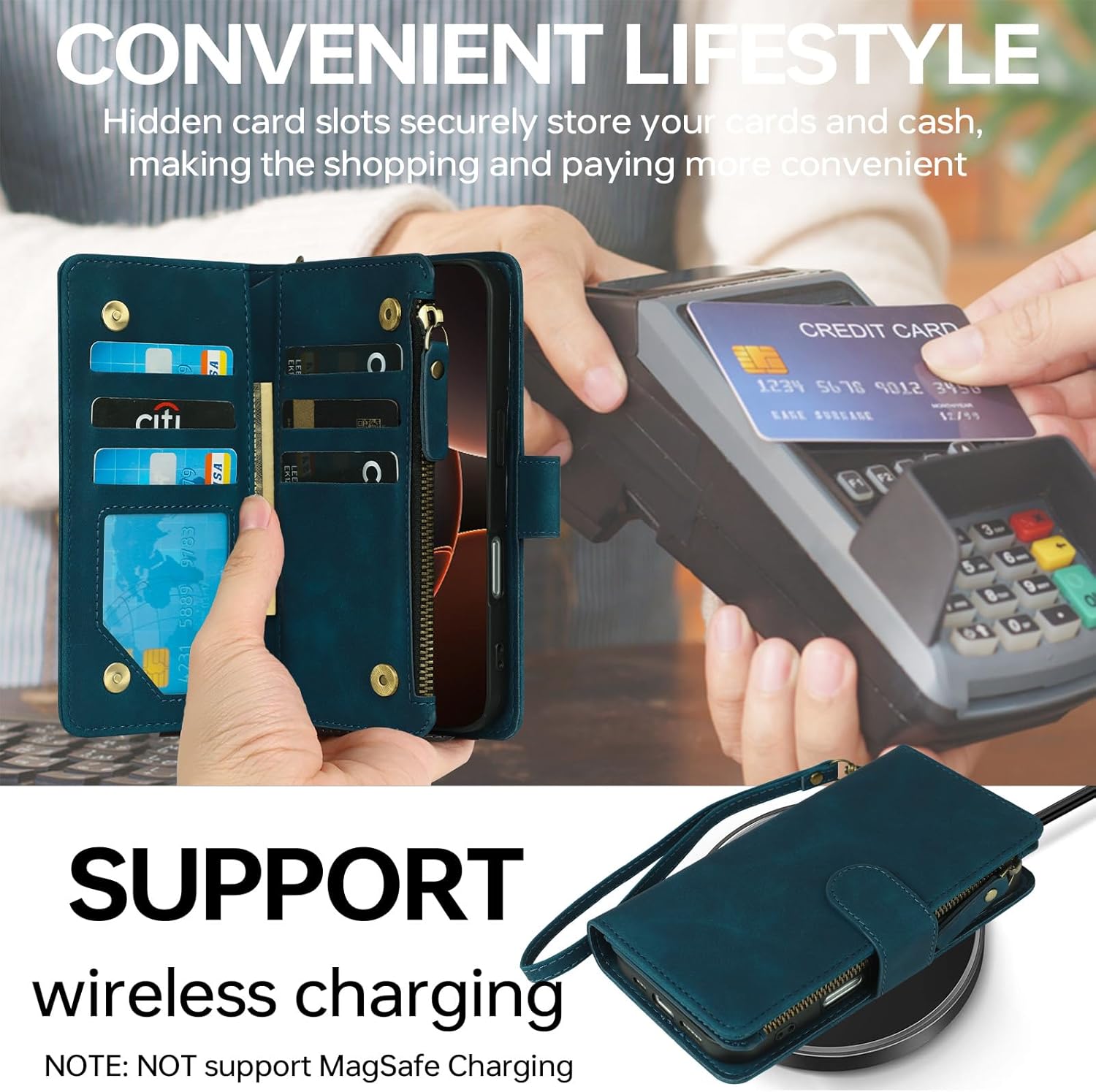 RANYOK Compatible with iPhone 16 Pro Max Wallet Case - PU Leather Wallet Case for iPhone 16 Pro Max with Credit Card Holder RFID Blocking Zipper Pocket [Wrist Strap] Protective Case (Blue) - Image 4