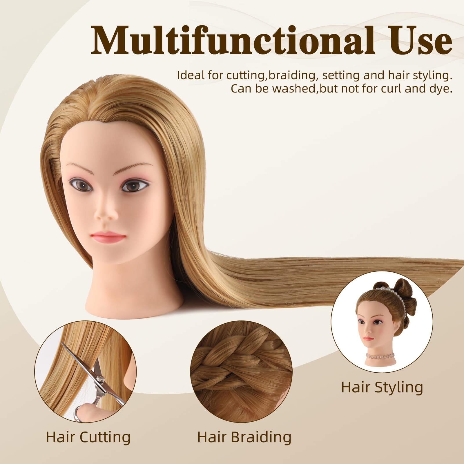 Cabeza maniquí Cabeza Peluqueria 100% de cabello sintéticas Cabeza Practica Peluqueria cabeza de muñeca con Soporte de Mesa + Accesorios de Peinado