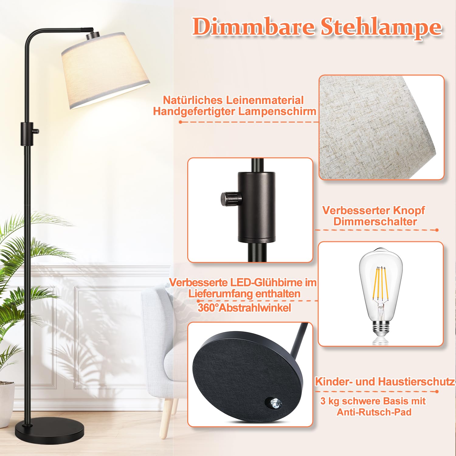 Nintiue Stehlampe Dimmbar, mit 1000lm Led-Glühbirne, 165cm Stehlampe Wohnzimmer Bogenlampe mit Drehbarer Lampenschirm, Stehleuchte für Kinderzimmer, Büro, Schlafzimmer