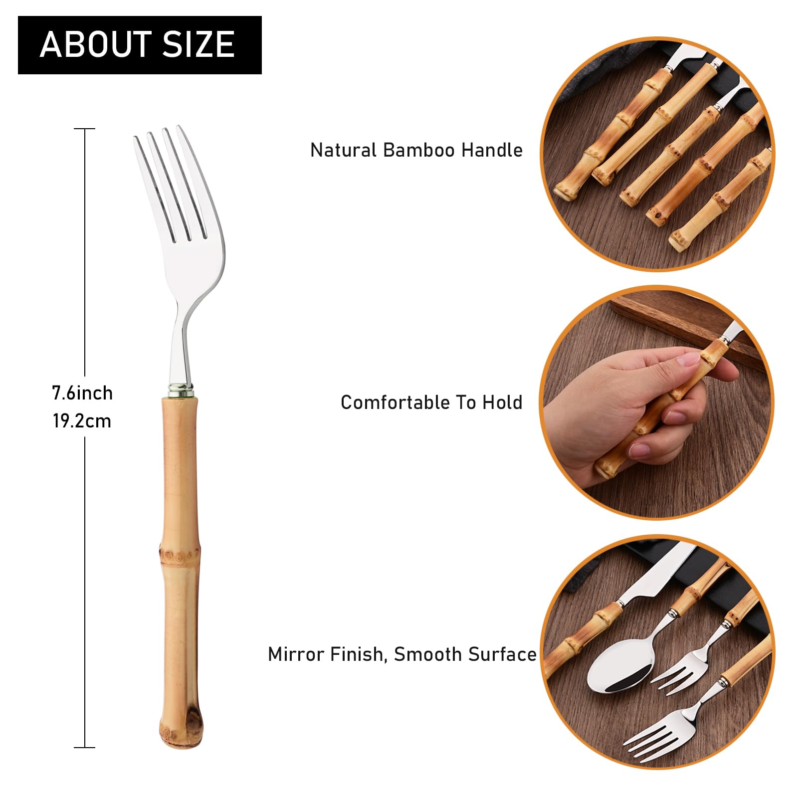 Dinner Fork Set, 8-Piece Natural Bamboo Forks, 18/8 Stainless Steel with Bamboo Handle, Silver Mirror Finish, Unique Design, 8.27 Inch — Amazon image 2