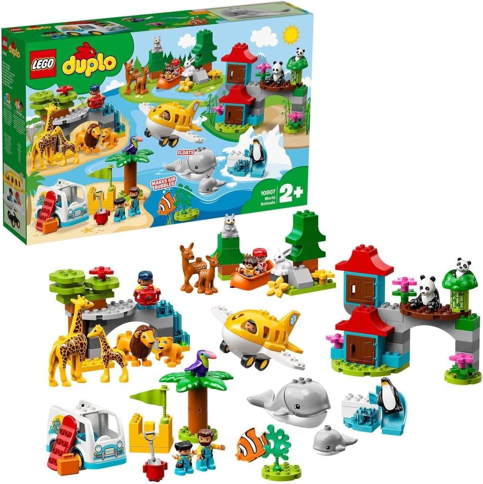 LEGO 10907 DUPLO Town World Animals Adventure Learning Toys for Toddlers 2-5 Years Old, with 15 Animal Figures and Airplane