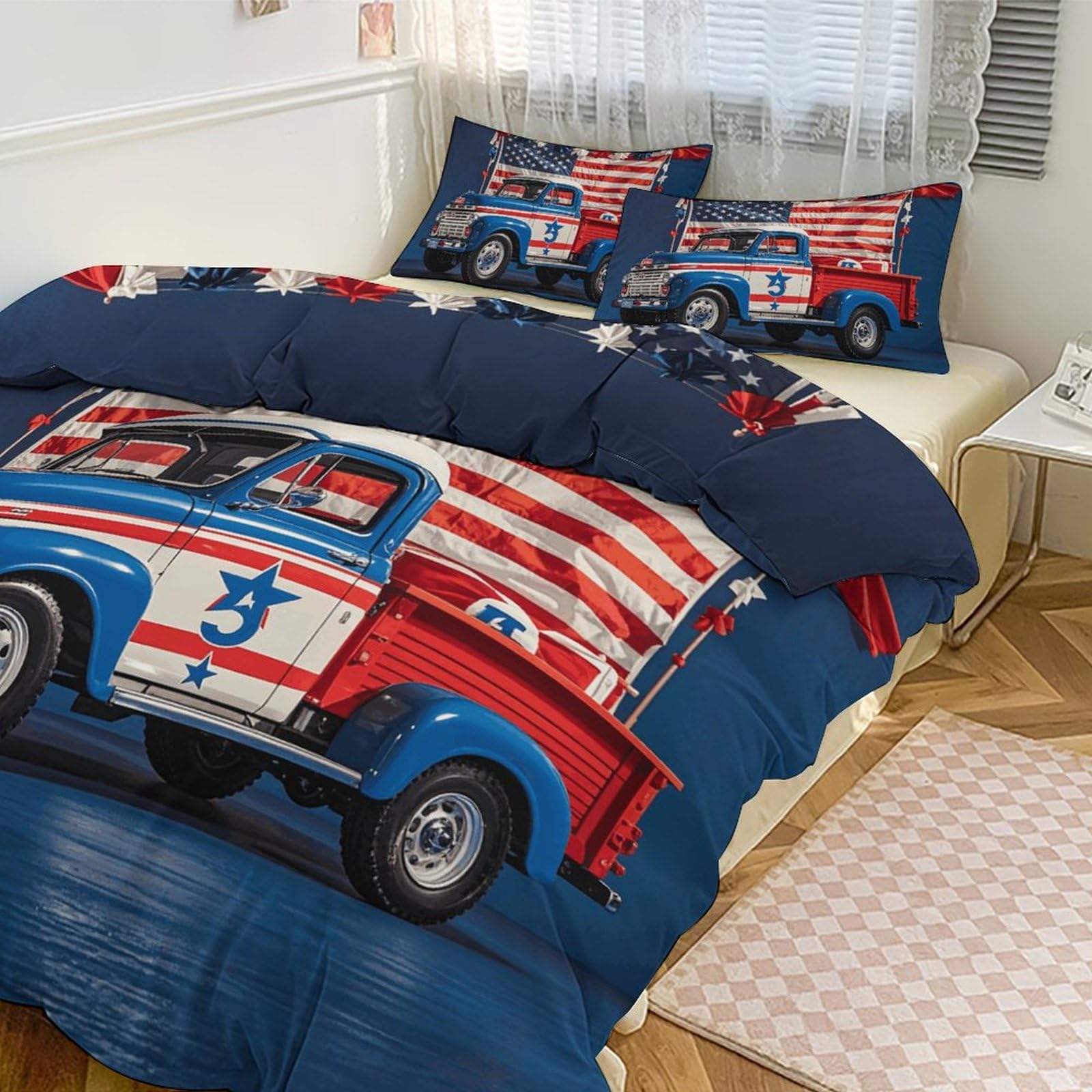 Parure de lit 3 pièces épaisse et haut de gamme avec couette motif camions US grand lit