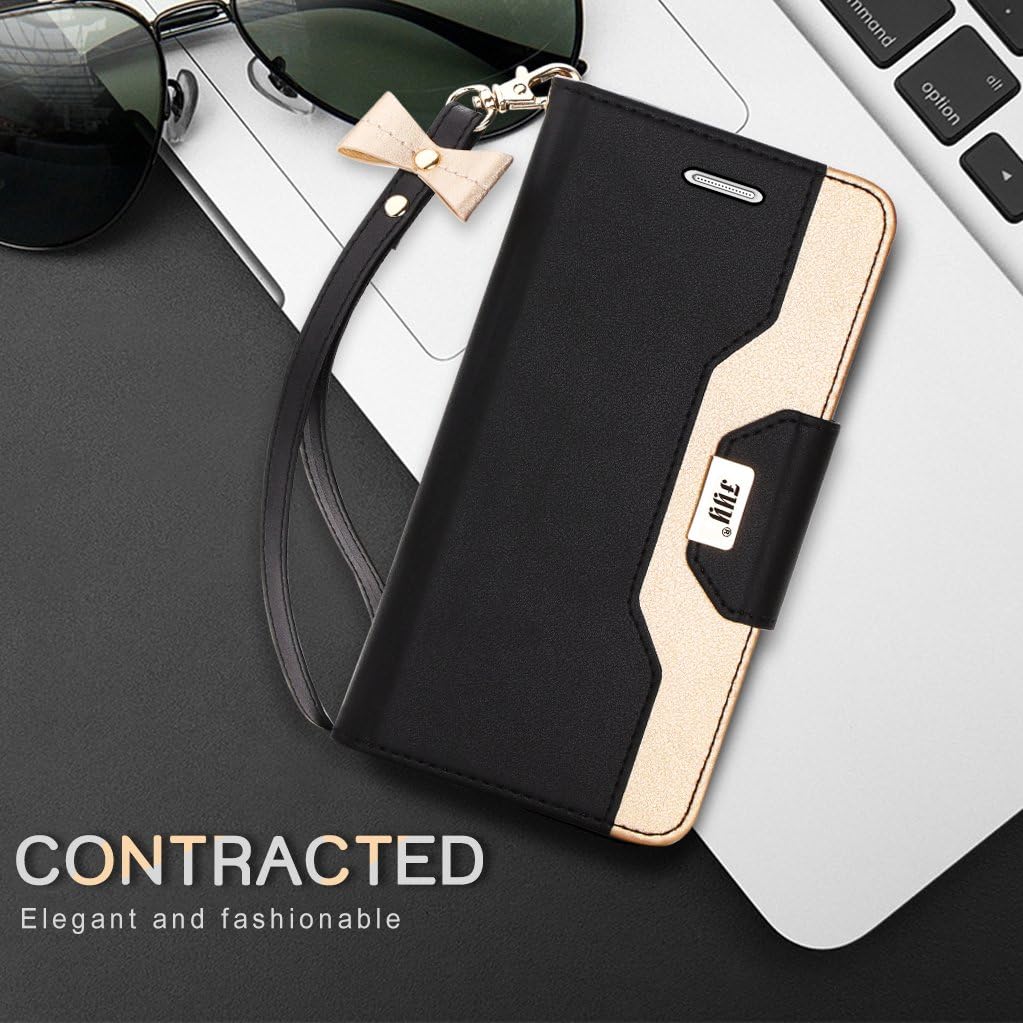 FYY Leather Case with Mirror for Samsung Galaxy S7, Leather Wallet Flip Folio Case with Mirror and Wrist Strap for Samsung Galaxy S7 Black