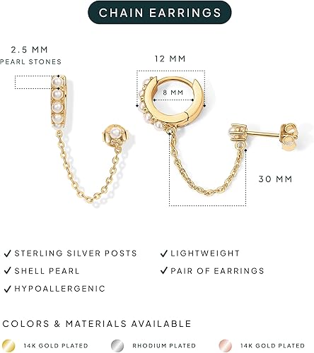 Miniatura 3 de PAVOI 14K Gold Chain Earrings for Women Double Piercing Dangle Chain Huggie Hoop Earrings Cubic Zirconia Pearl Stud Ear Cuff Earrings for Women