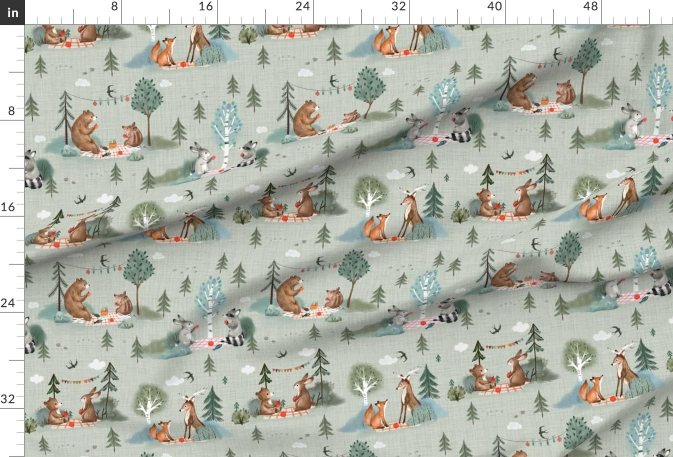 Spoonflower Fabric - Mint Sage Green Woodland Animals Camping Outdoors Printed on Upholstery Velvet Fabric Fat Quarter - Upholstery Home Decor Bottomweight Apparel