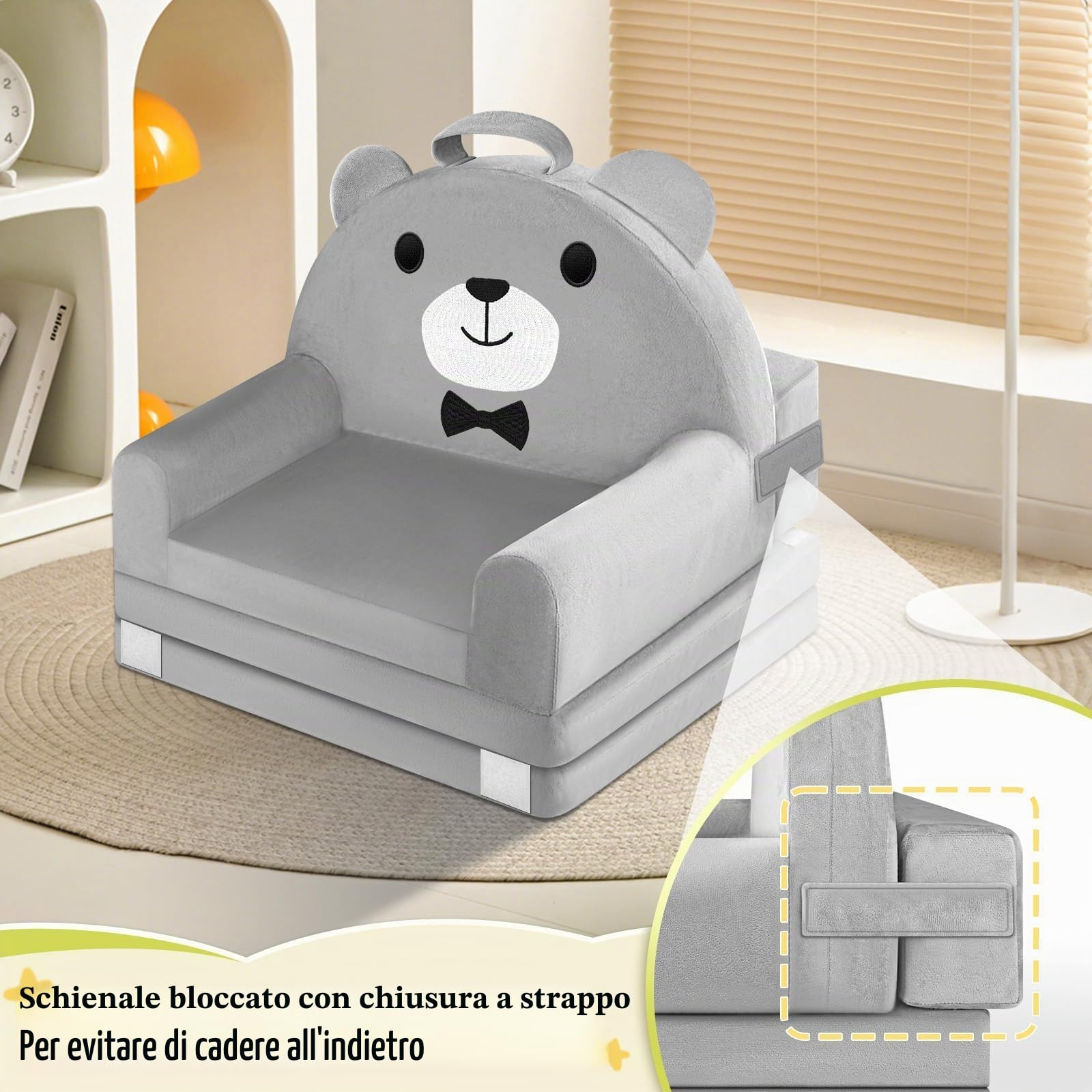 Divano per bambini orso, sedia pieghevole 2 in 1 per bambini, 150cm morbido divano in velluto cristallo per bambini piccoli per camera da letto, soggiorno