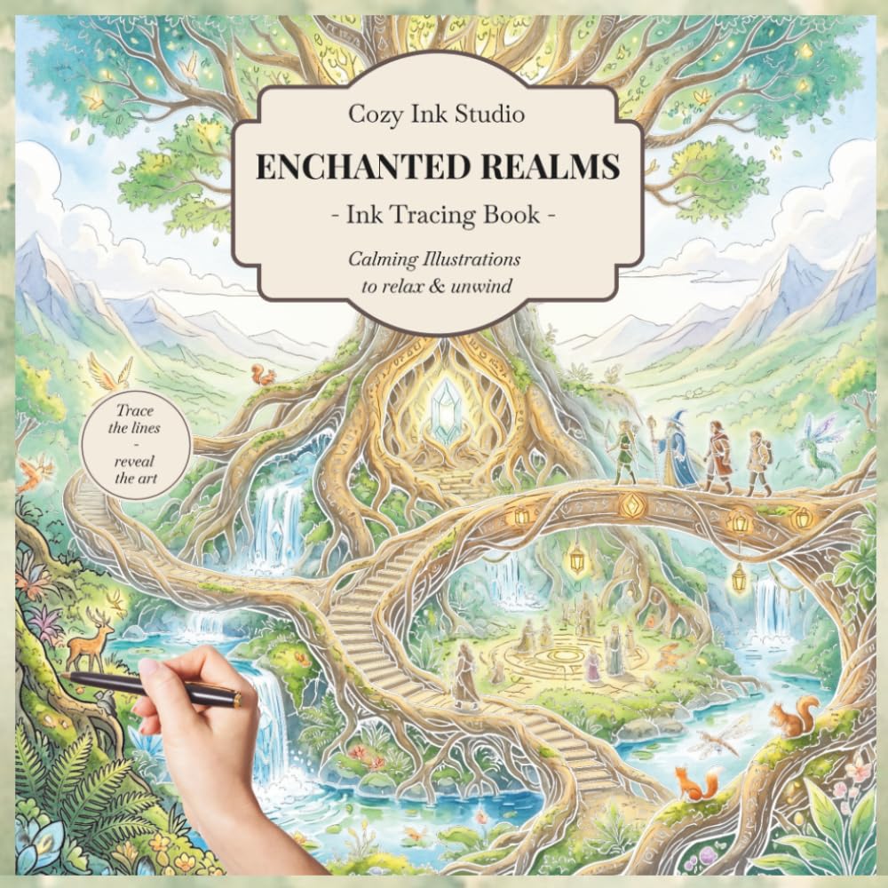 Enchanted Realms: A Cozy Fantasy Ink Tracing Book with Magical Worlds, Hidden Forests, Mythical Creatures and Relaxing Fantasy Scenes