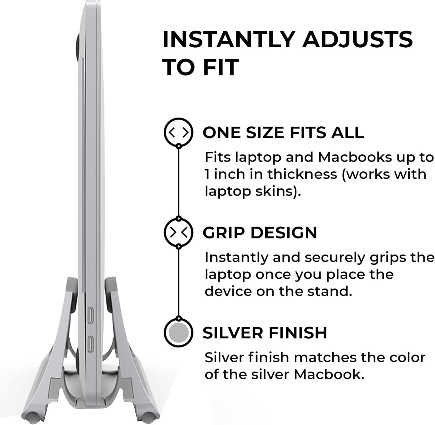 HumanCentric Vertical Laptop Stand for Desks in Silver Color, Upright Adjustable Holder to Dock Apple MacBook Stand, and Other Laptops to Organize Work & Home Office, Automatic Grip