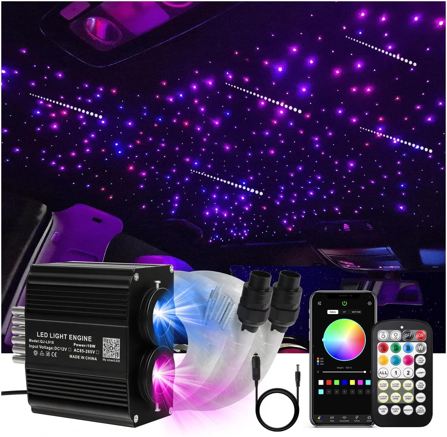 Starlight Headliner Kit, Dual Color Twinkle & Meteor 2 in 1 Fiber Optic Lights, 1000pcs*0.03in*13.1ft, APP & Remote Control, 18W Music Star Lights for Car/Home Ceiling
