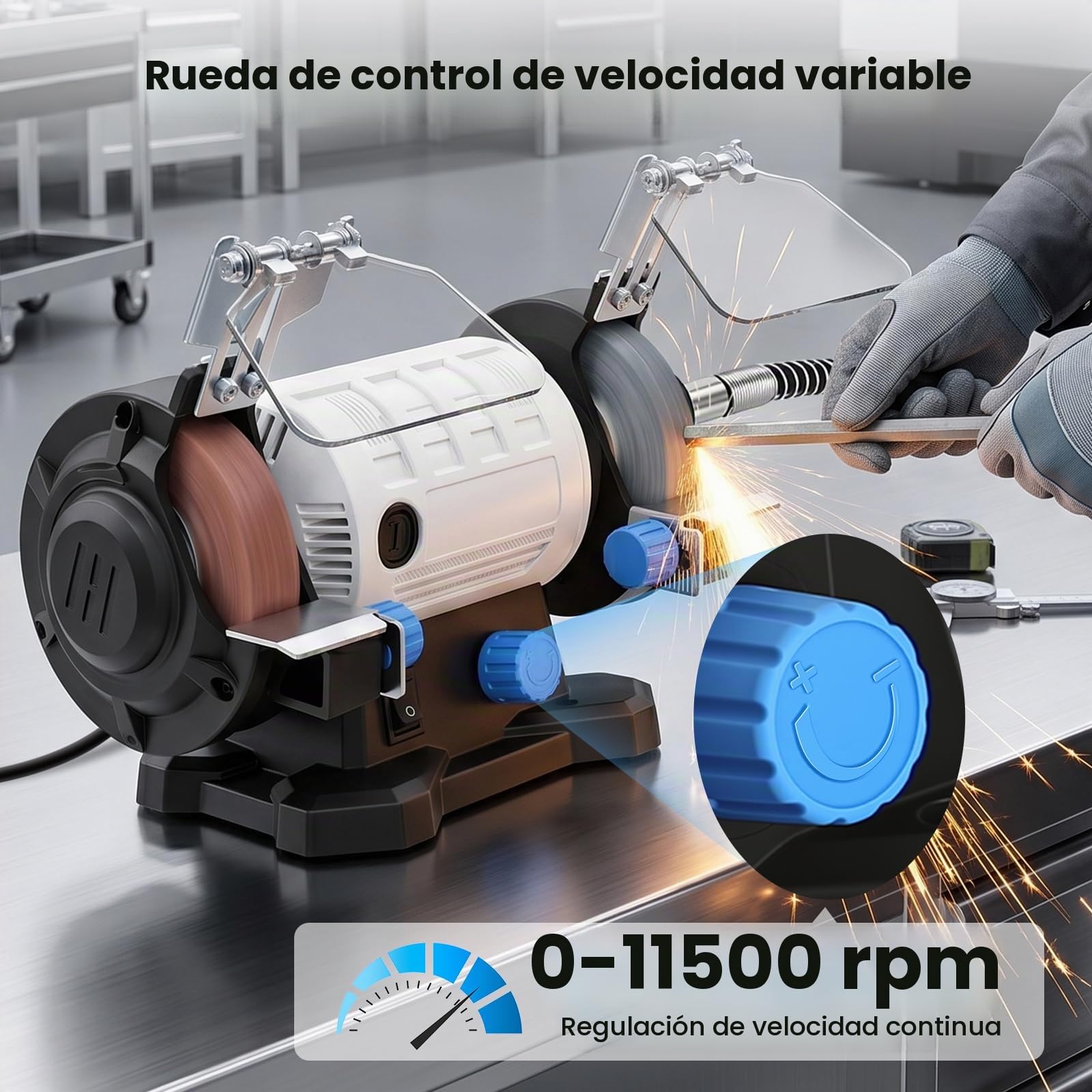 Yofuly Mini Amoladora de Banco 120W con Velocidad Variable, Esmeriladora Doble 11500 RPM, Disco de Pulido y Rectificado de 75 mm, para Metal, Madera, Joyería y Afilado
