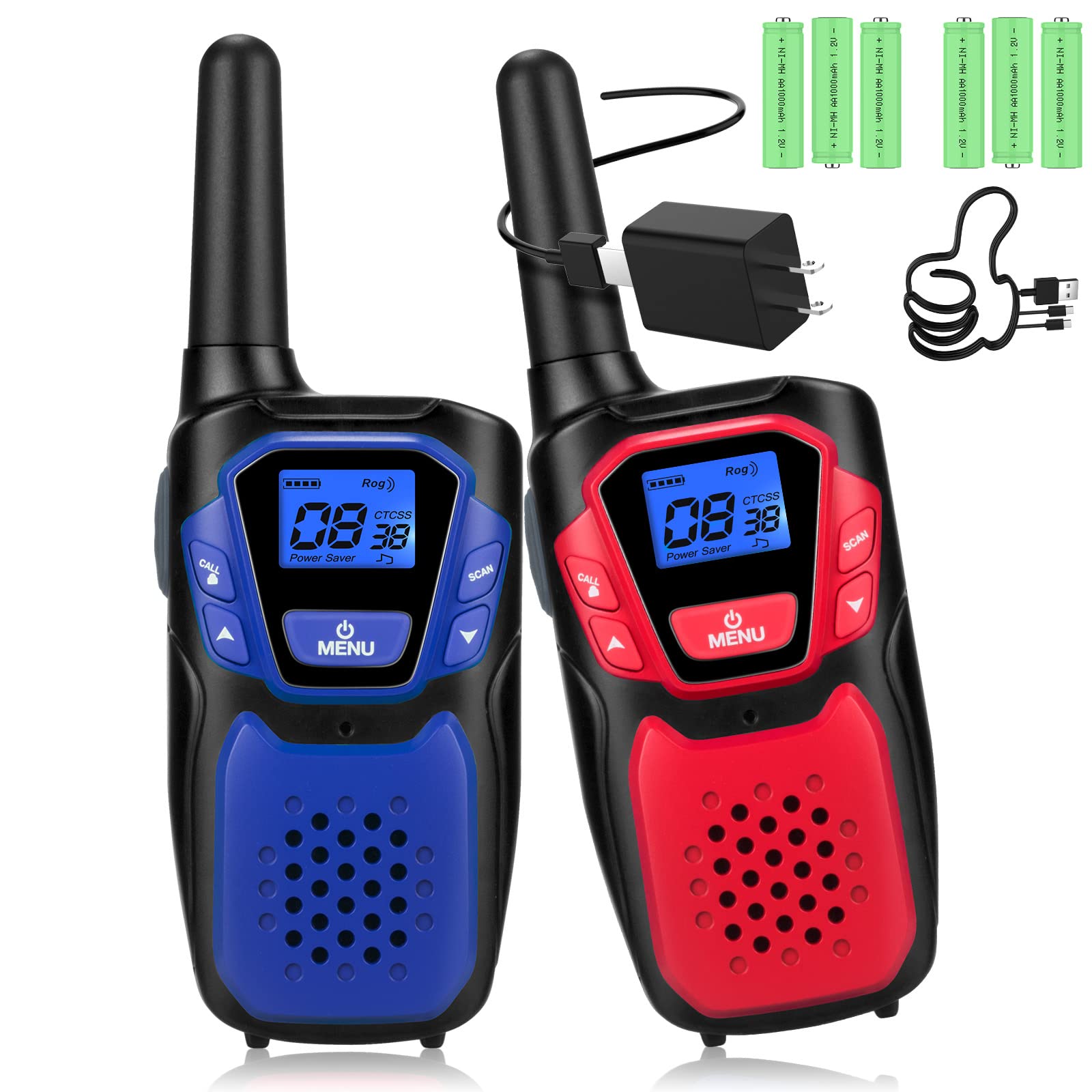 Walkie Talkies for Adult,Rechargeable Long Range Walky Talky with Batteries and Charger,Portable Two Way Radio with NOAA Weather Alert for Hiking Camping and Skiing(Blue and Red 2 Pack)