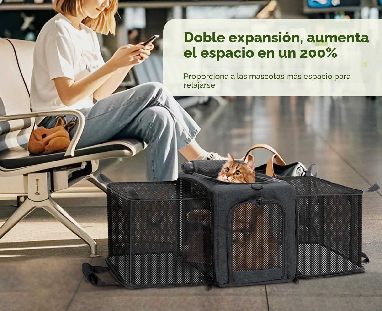 Pecute Transportín para Gatos Extensible, Aprobado por Aerolíneas, Bolso Suave Transpirable hasta 5kg/12lbs, Plegable para Viajes, Aire Libre y Camping, Gris Oscuro
