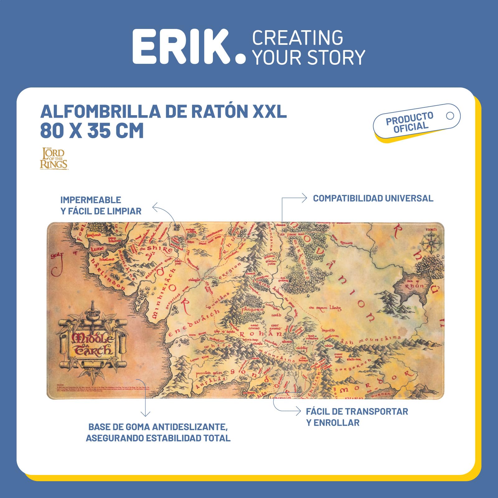 Alfombrilla ratón XXL El Señor de los Anillos - Alfombrilla Escritorio: El Señor de los Anillos Regalos Merchandising (Mouse Pad) Protector Escritorio : Impermeable y Antideslizante (80X35 cm)