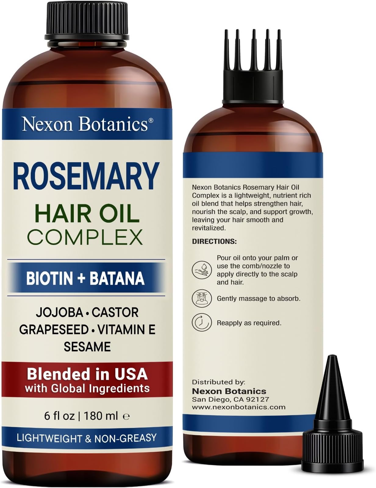 Rosemary Oil for Hair Growth 6 Fl Oz - Scalp Care Complex with Biotin & Batana - Lightweight & Non-Greasy Hair Oil for Strength & Shine - Nexon Botanics