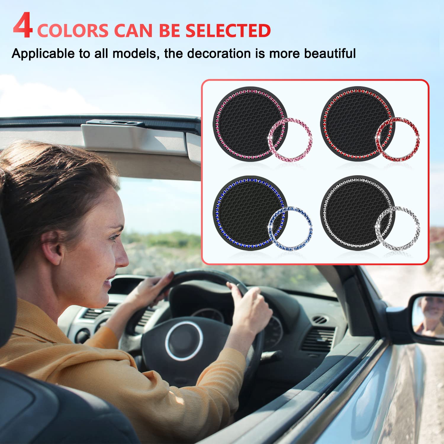 Ouzorp Car Cup Holder Coaster with Push Start Button Bling 4Pcs Bling Crystal Rhinestone Car Interior Accessories red — view 7