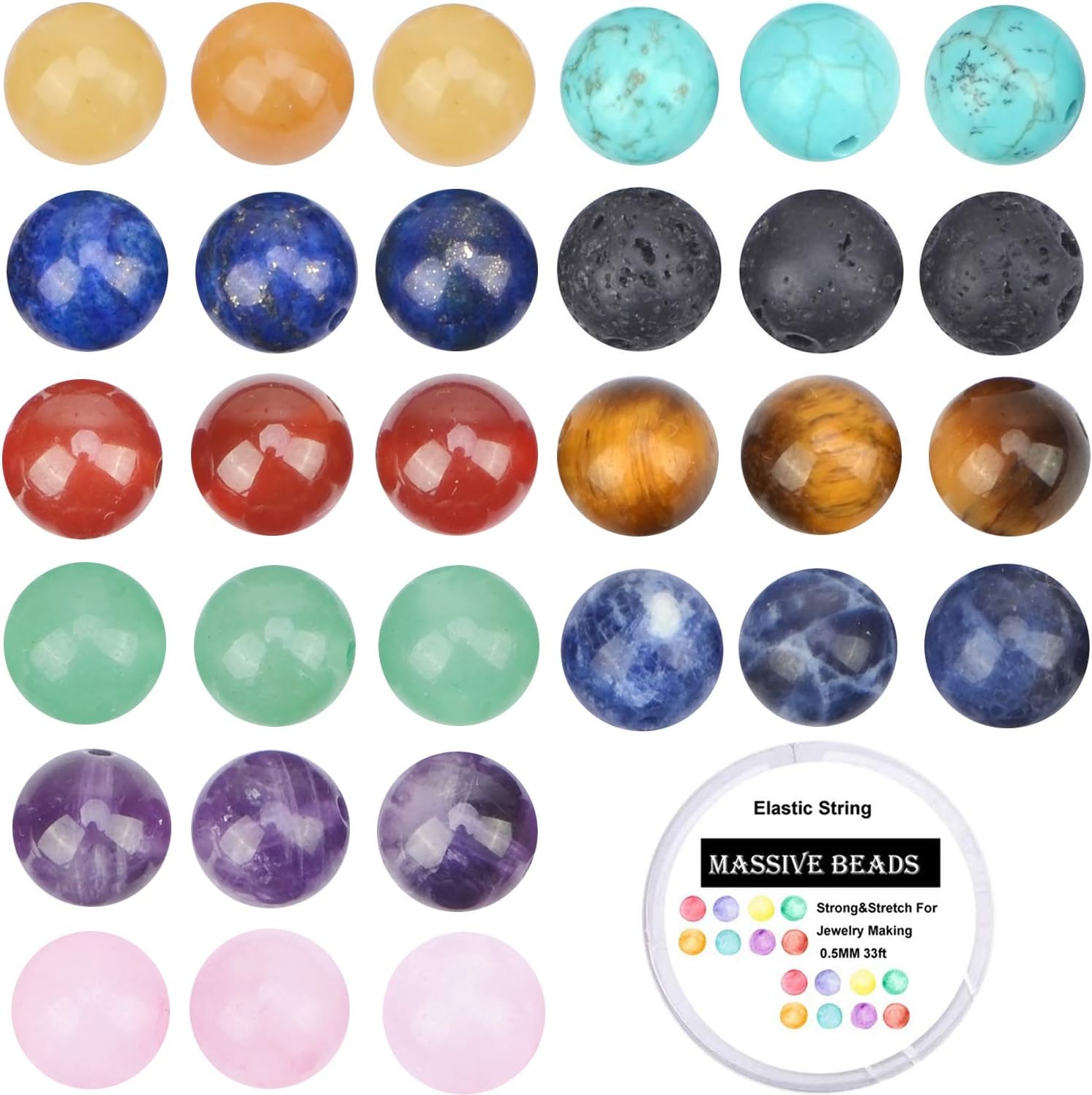 100Pcs Natural Crystal Beads Stone Gemstone Round Loose Energy Healing Beads with Free Crystal Stretch Cord for Jewelry Making (Mixed Colors A, 8MM)