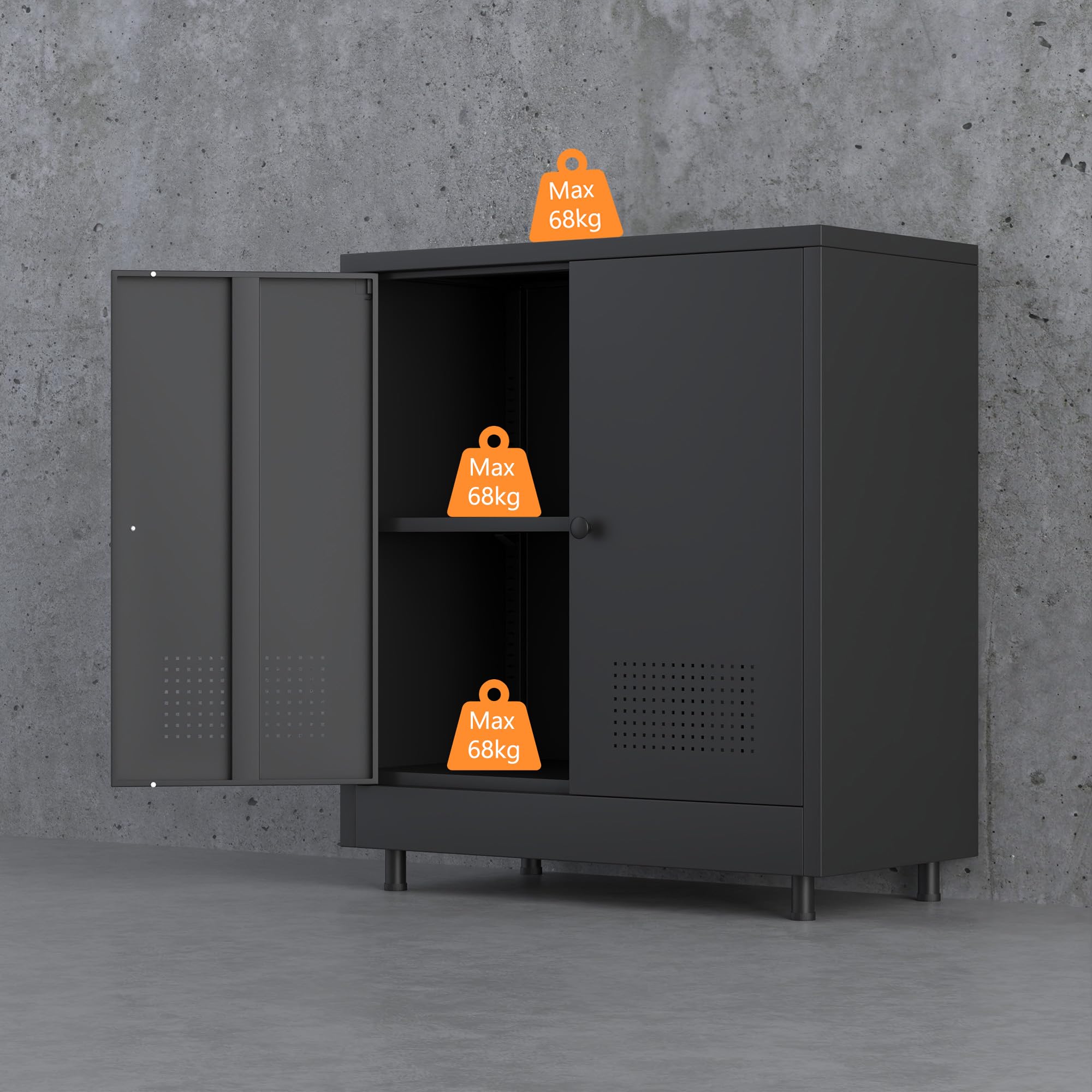 Aktenschrank Büroschrank Lagerschrank Metallschrank Stahlschrank Mehrzweckschrank Buffetschrank Flurschrank, Aufbewahrungsschrank aus Metall mit Verstellbarem Regal (Schwarz)
