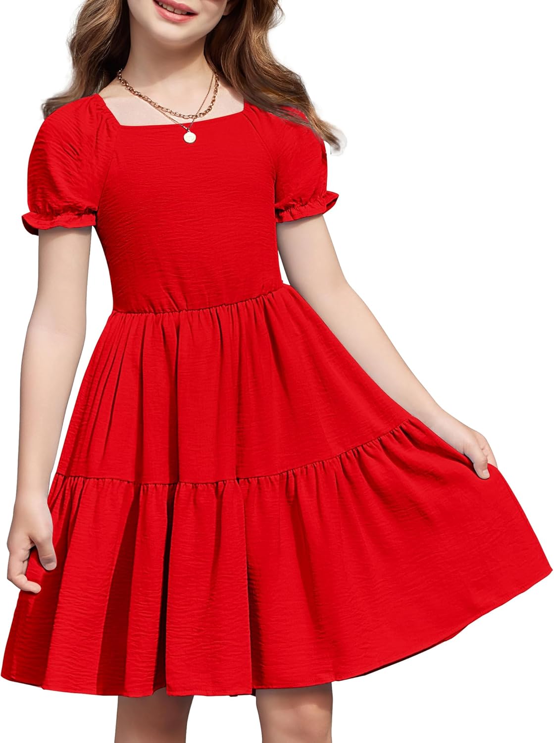 Arshiner Girls Summer Dress Tie Back Short Sleeve Square Neck Tiered Midi Casual Dresses with Pockets