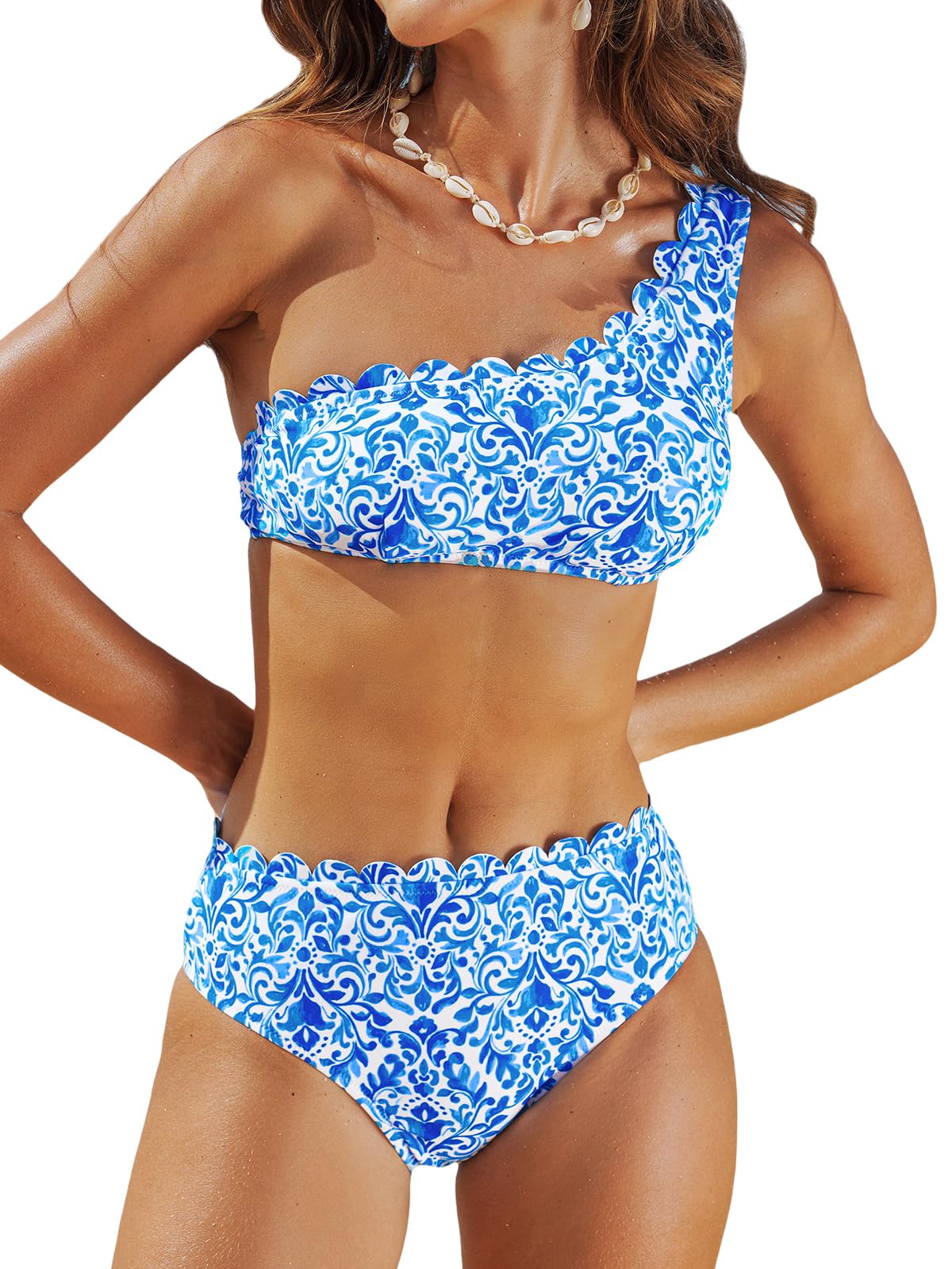 CUPSHE Women's Bikini Set One Shoulder Wave Edge Mid Waist Bikini Asymmetrical Swimwear Two Piece Swimsuit