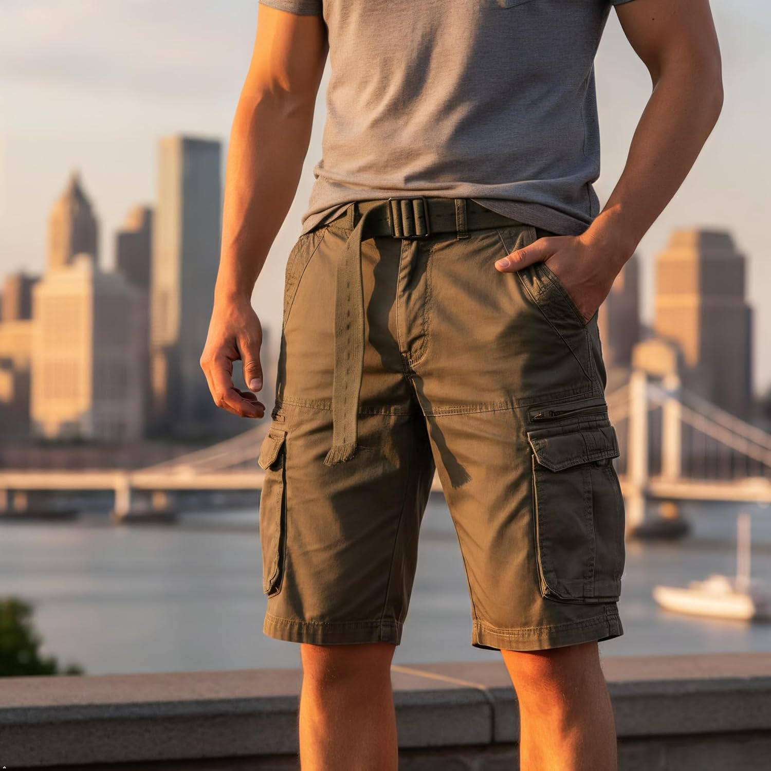 OCHENTA Cargo Shorts for Men with Zipper Pockets, Summer Mens Shorts Casual Military Outdoor Work (No Belt)