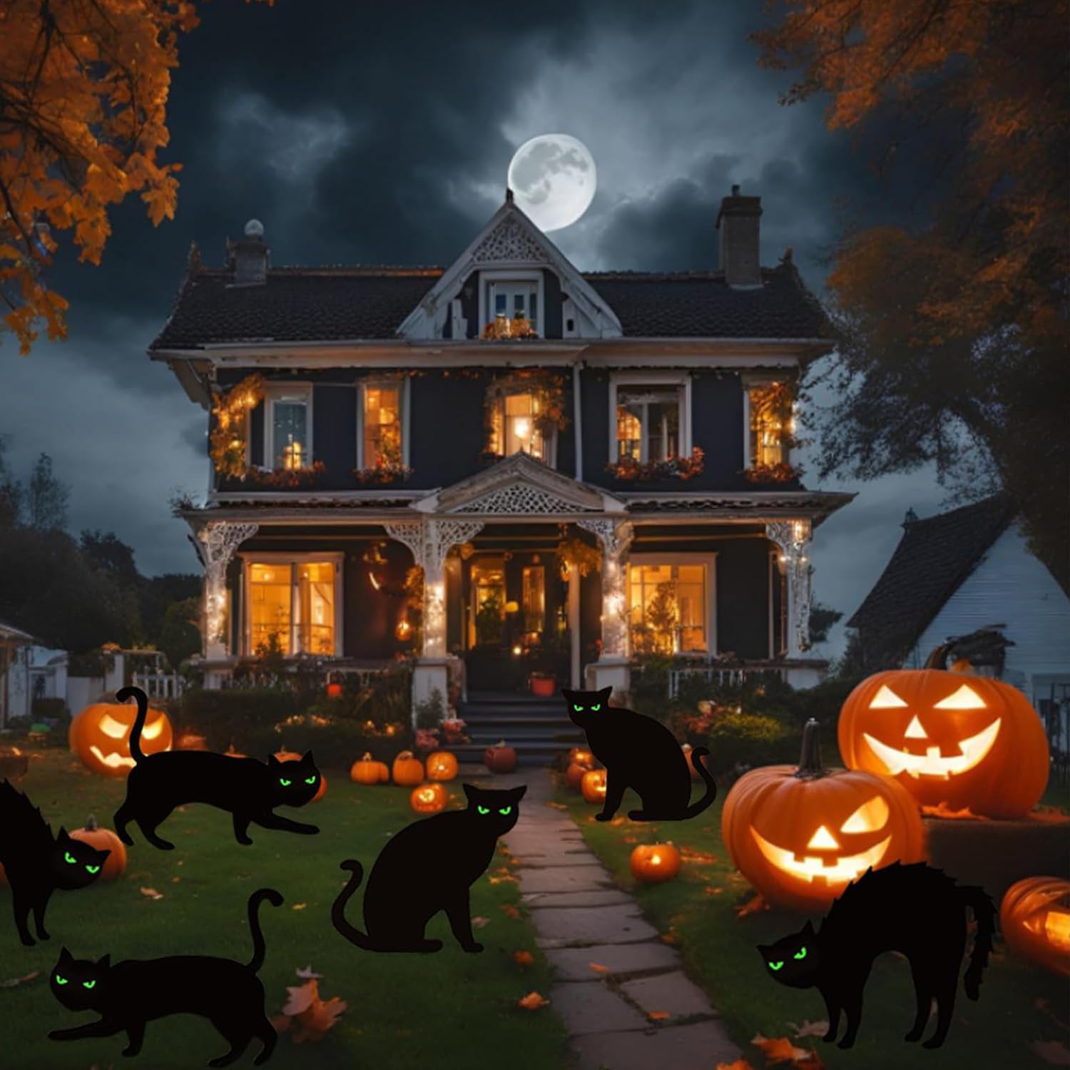 6 Cartelli da Cortile a Forma di Gatto Nero, Spaventapasseri Gatti Occhi Luminosi con Paletti, Paletto da Giardino Per Gatti Per Cortile, Patio Decorazione di Decorazioni di Halloween Per Esterni