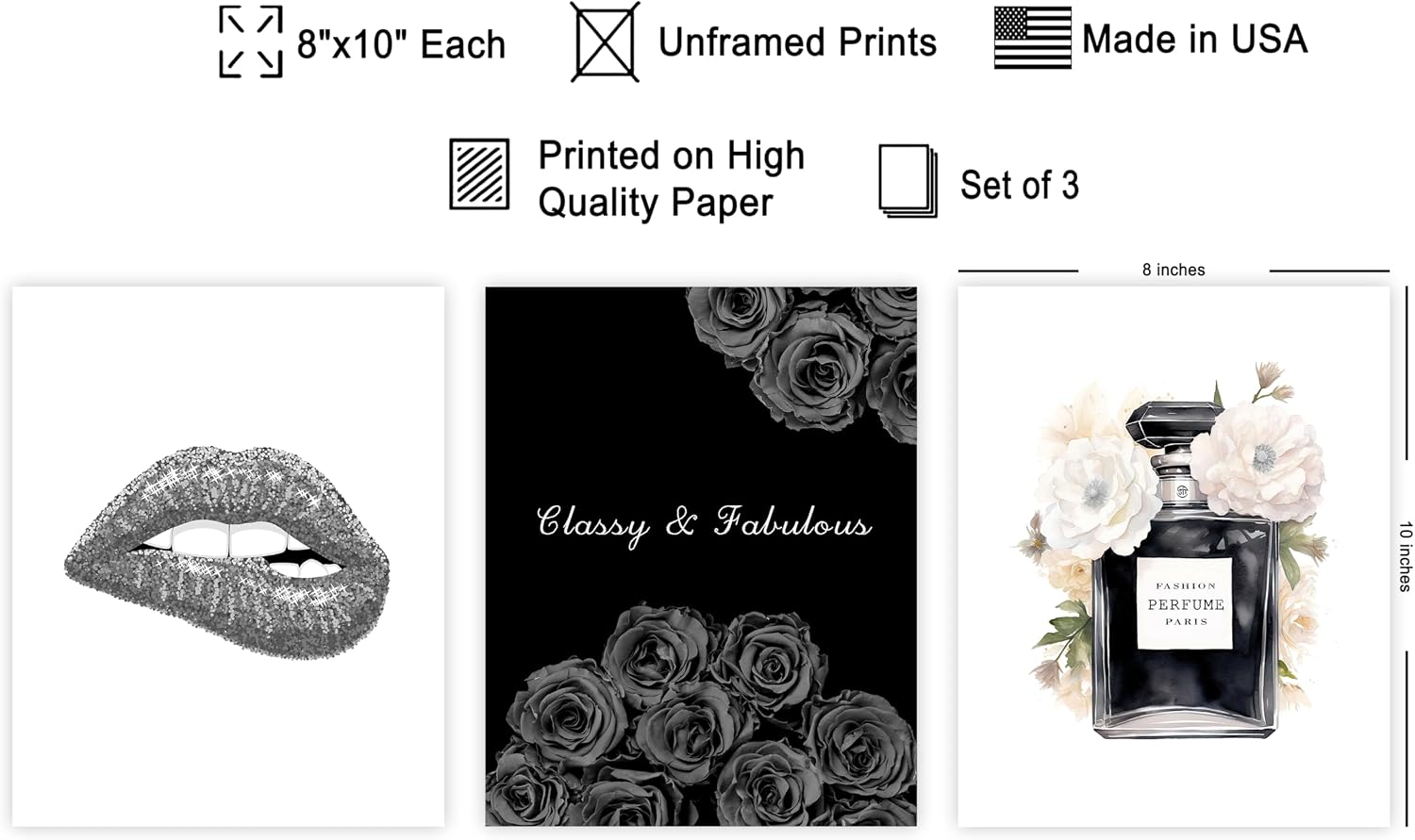 Poster Master 3-Piece Fashion Poster - Classy & Fabulous Print - Perfume Art - Trendy Art - Gift for Men, Women & Fashionista - Glam Decor for Office, Living Room or Bedroom - 8x10 UNFRAMED Wall Art