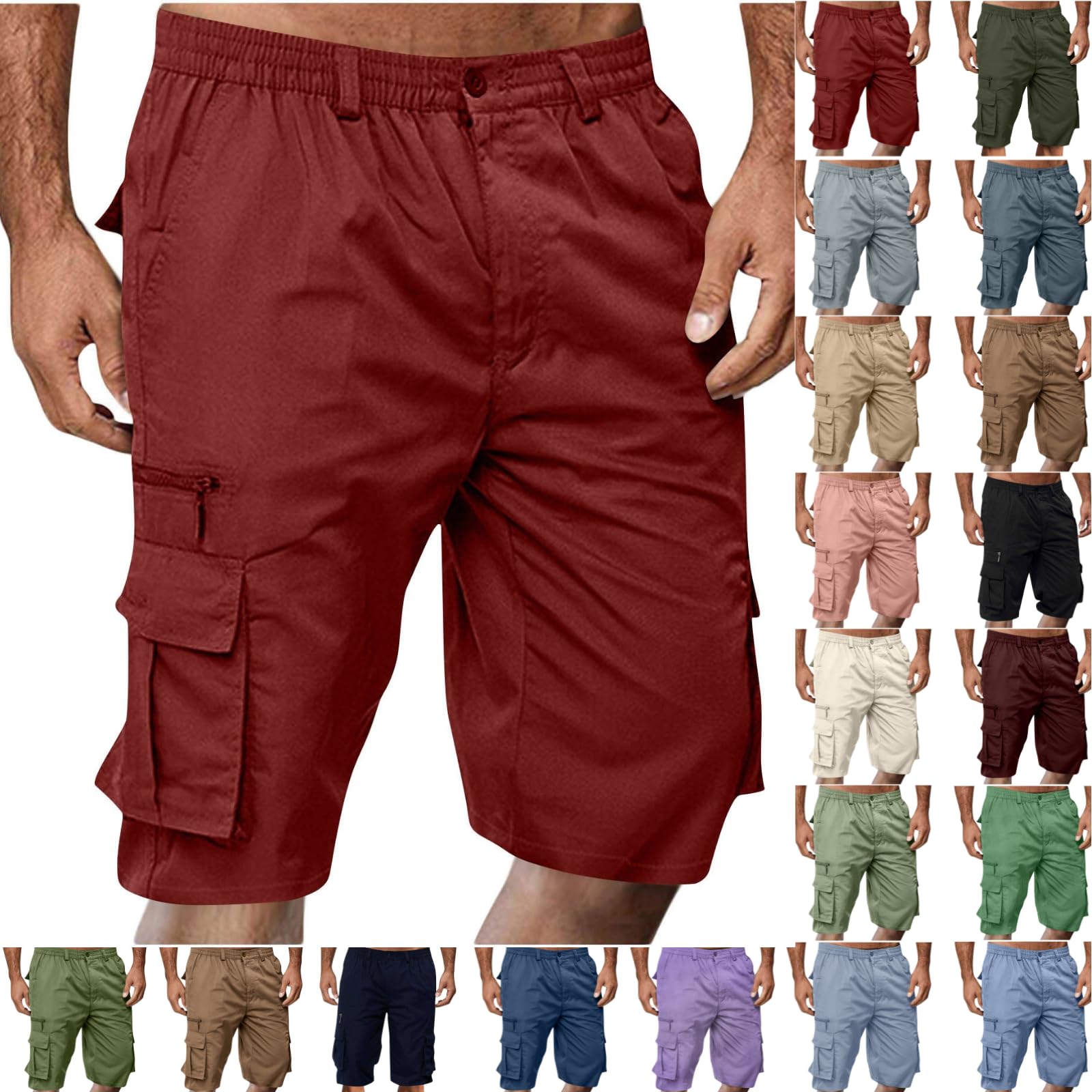 Cargo Shorts for Men,Summer Casual Elastic Waist Big Tall Baggy Shorts Lightweight Hiking Short with Multi Pockets