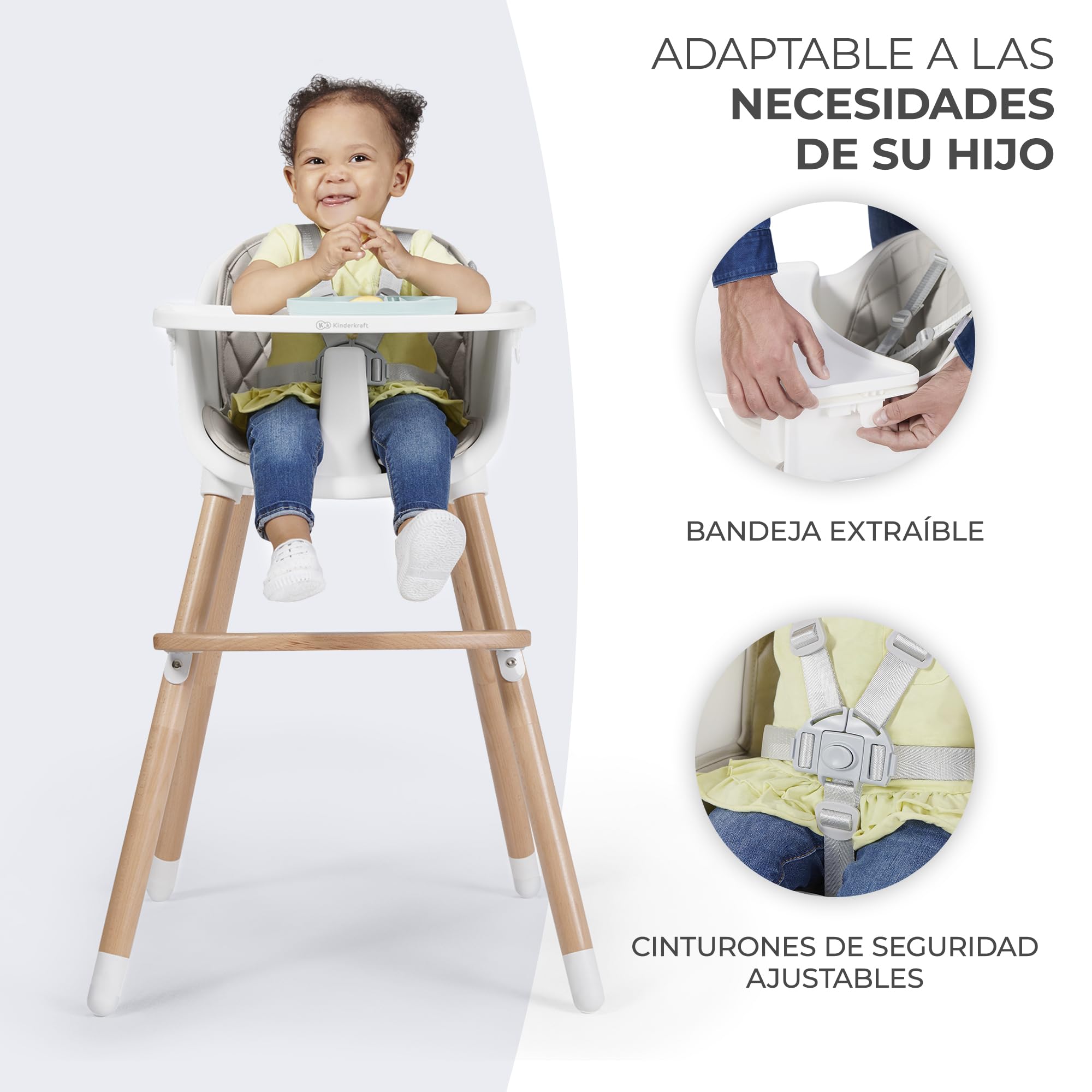 kk Kinderkraft Trona Bebé 2 en 1 SIENNA, Silla Infantil, Bandeja Desmontable, Gris