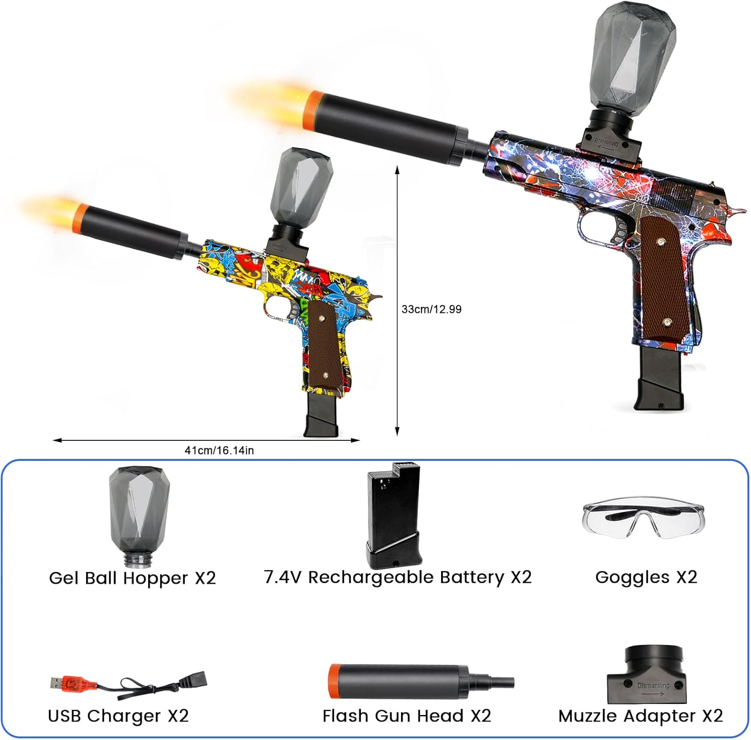 2 Set Electric Blaster Toys, Light Up Splatter Blasters - 11 Rs Per Seconds, 7.4V/500 mAh Batteries, Perfect for Outdoor Team Play Game Activities, Parties & Summer Fun, Ages 12 & Up