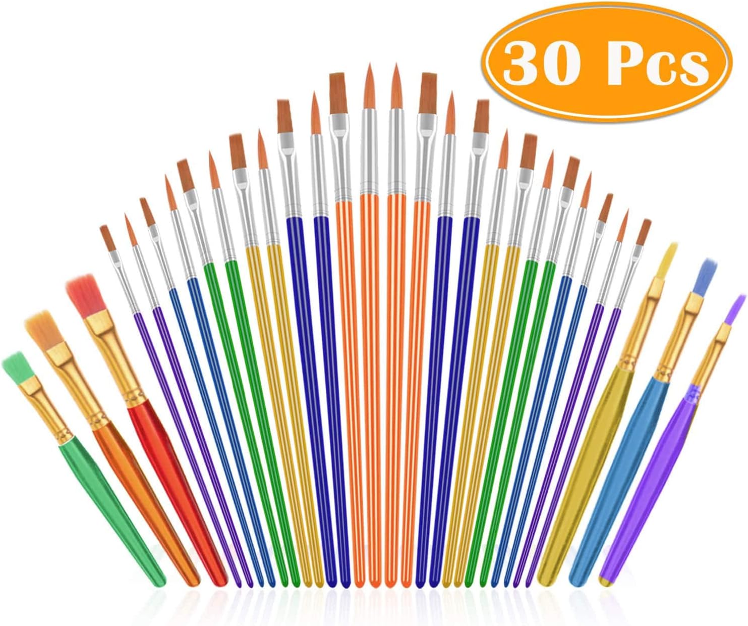 PAXCOO 30 Pcs Paint Brushes Set with Flat and Round Tips, Nylon Hair Artist Acrylic Paint Brushes for Watercolor Acrylic Art Class Painting