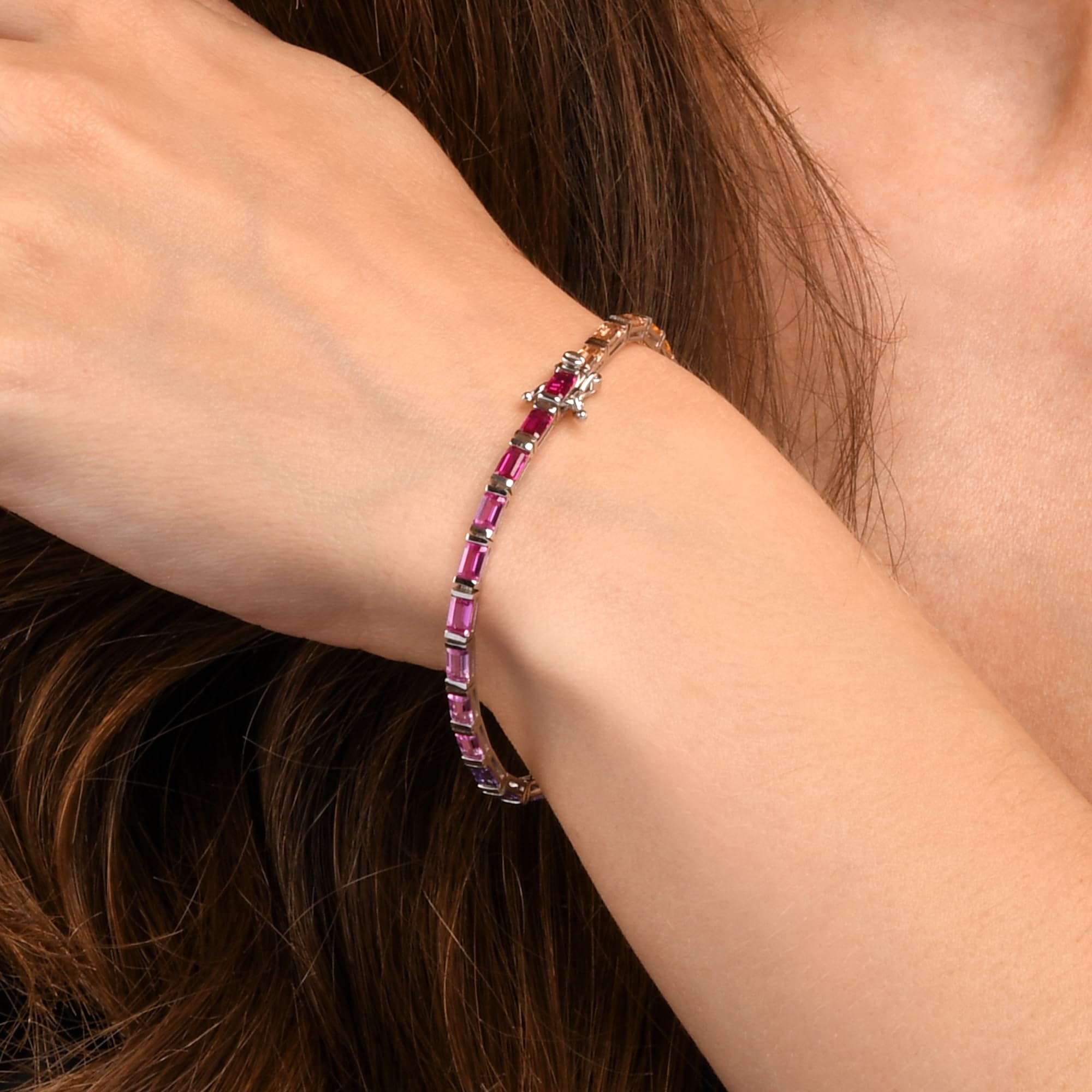 Diamond Treats Bracciale Tennis Donna Argento 925 Arcobaleno con Zirconi Baguette 3x5 mm Multicolore, Braccialetto Elegante Lusso con Chiusura a Scatola Nascosta, Gioiello Donna Colorato Regalo