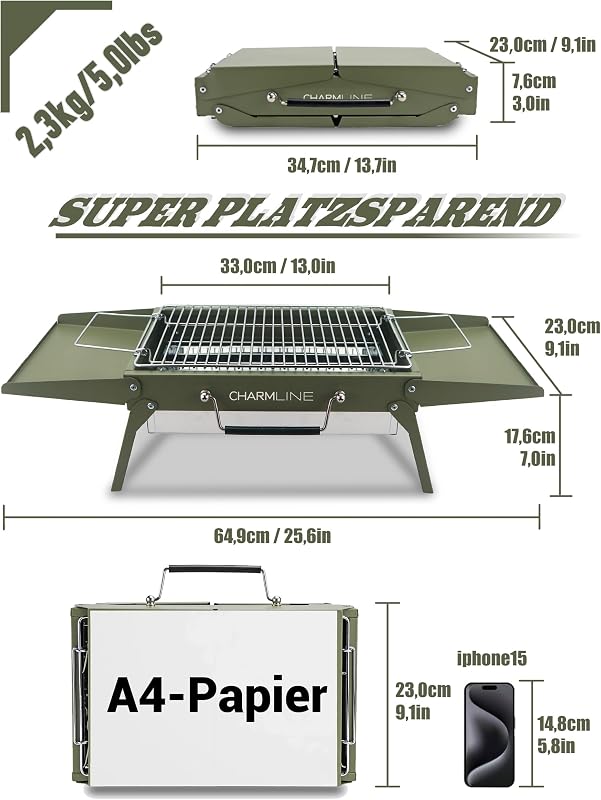 Charmline Összecsukható Hordozható Szenes Grill 35x23cm Zöld - Kompakt BBQ Grillsütő Kempingezéshez és Kerti Sütéshez