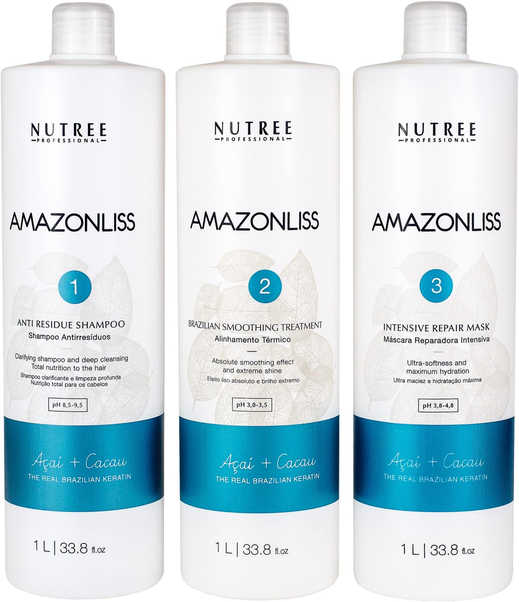 Nutree Professional Amazonliss Brazilian Keratin Kit For Thermal Reconstruction Blowout Shampoo, 1L Smoothing Treatment, 1L Mask