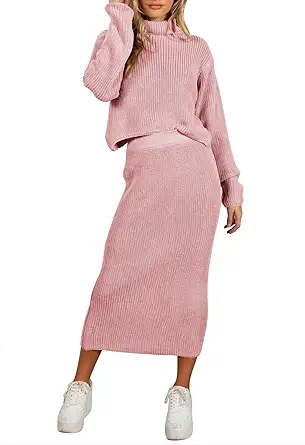 Pink Queen Women's Fall 2 Piece Sweater Set Rib Knit Long Sleeve Cross Criss Top Maxi Bodycon Skirt Casual Outfits