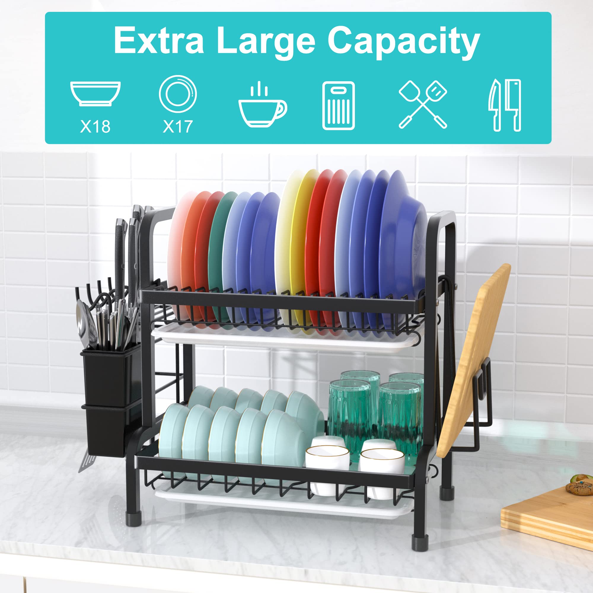 Buy Dish Drying Rack with Drip Tray, 2 Tier Modern Large Dish Rack and