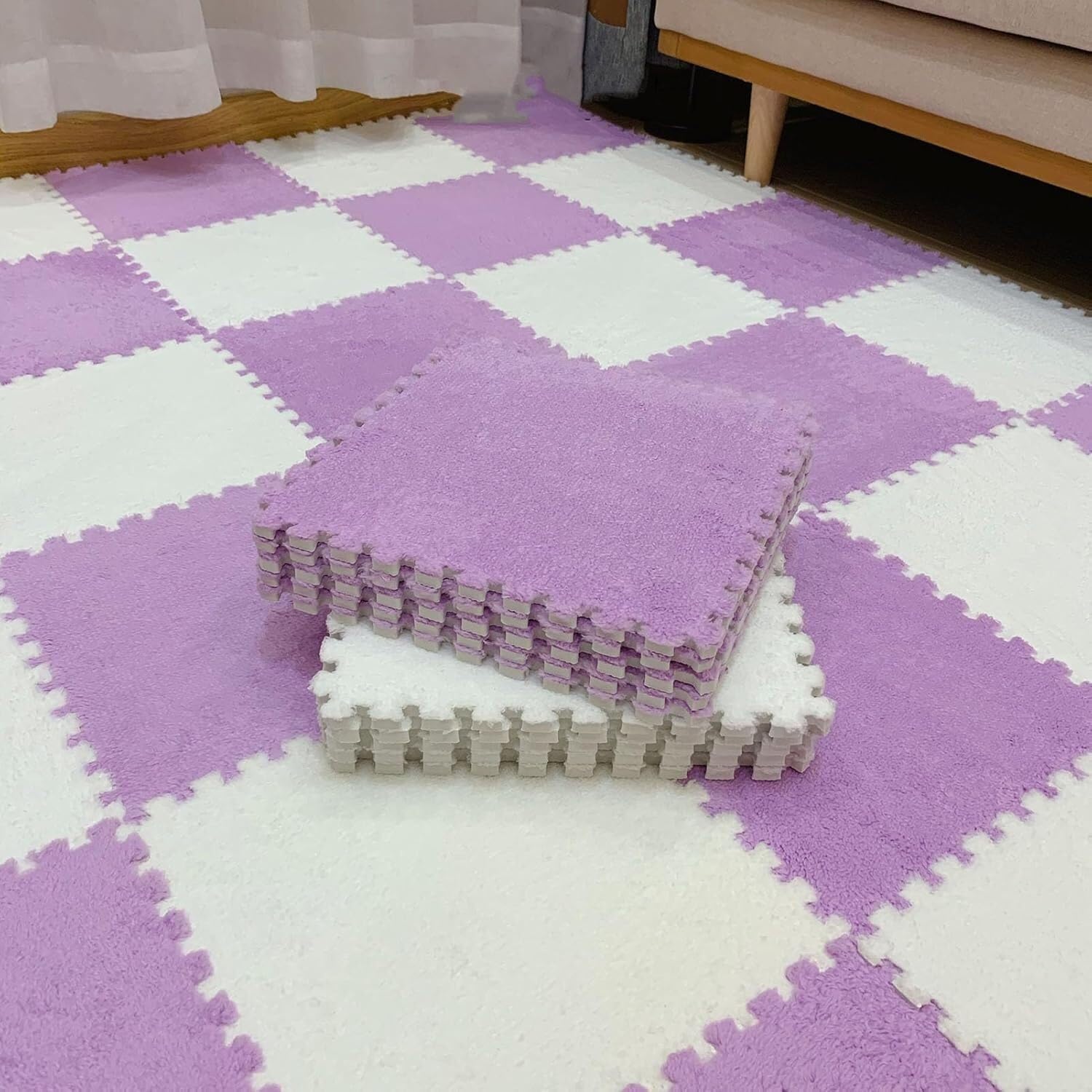 JvFbjLF Plush Foam Interlocking Floor Tiles Mats 1x1ft Foam Splicing Carpet Tiles With Edgings(Purple+white,20pcs)