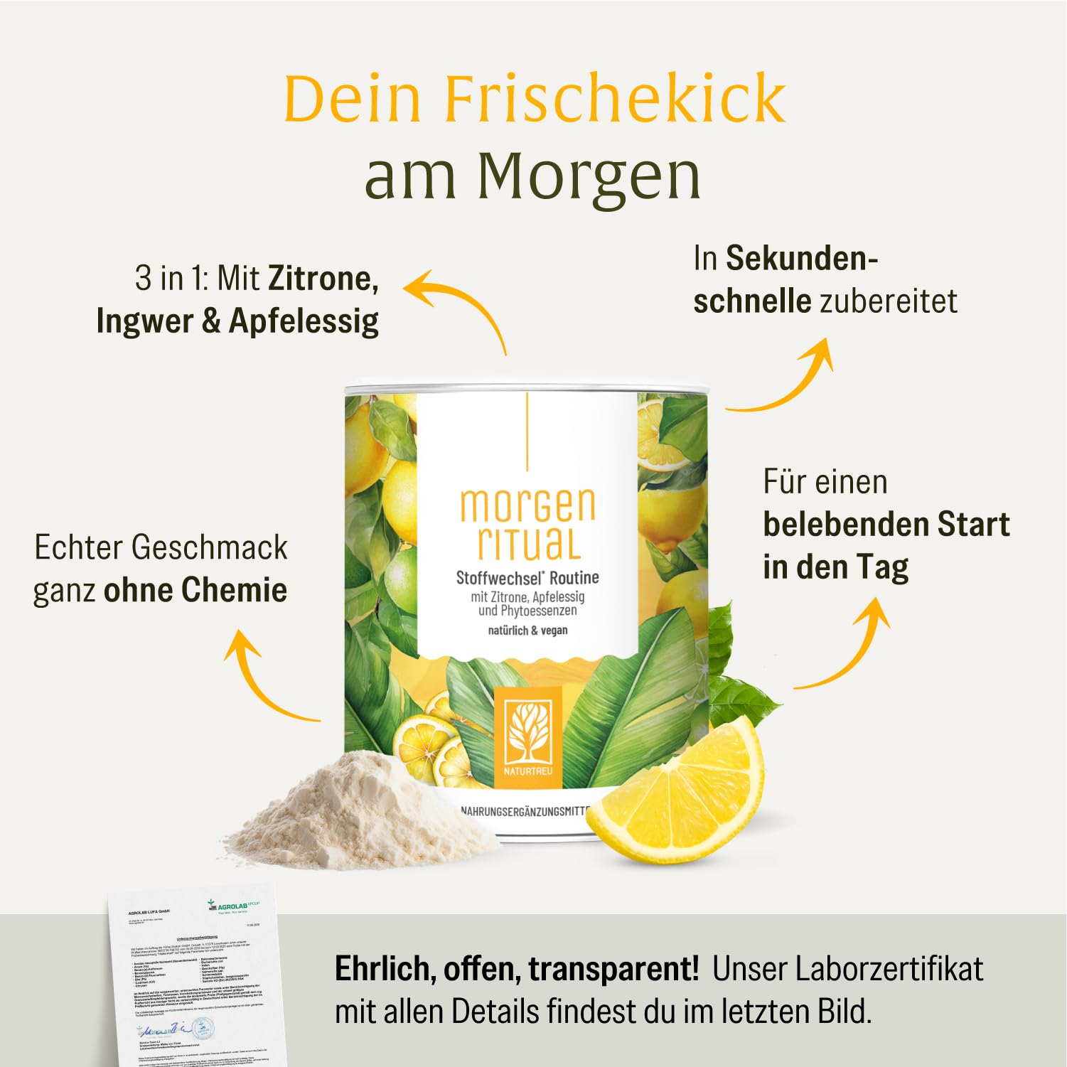 NATURTREU® 150 g Getränkepulver mit Zitrone, Apfelessig & Ingwer – Mit Vitamin C – Fruchtiger Drink für deine Morgenroutine – Vegan & ohne zugesetzten Zucker