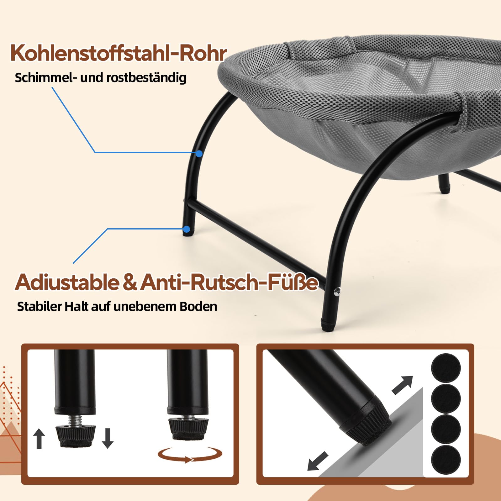 LIFLIX Katzenhängematte Outdoor, Erhöhter Katzenbett mit abnehmbarem, Waschbarem Netzstoff, Stehend Hängematte Katzen für Innen-/Außenbereich (Grau)