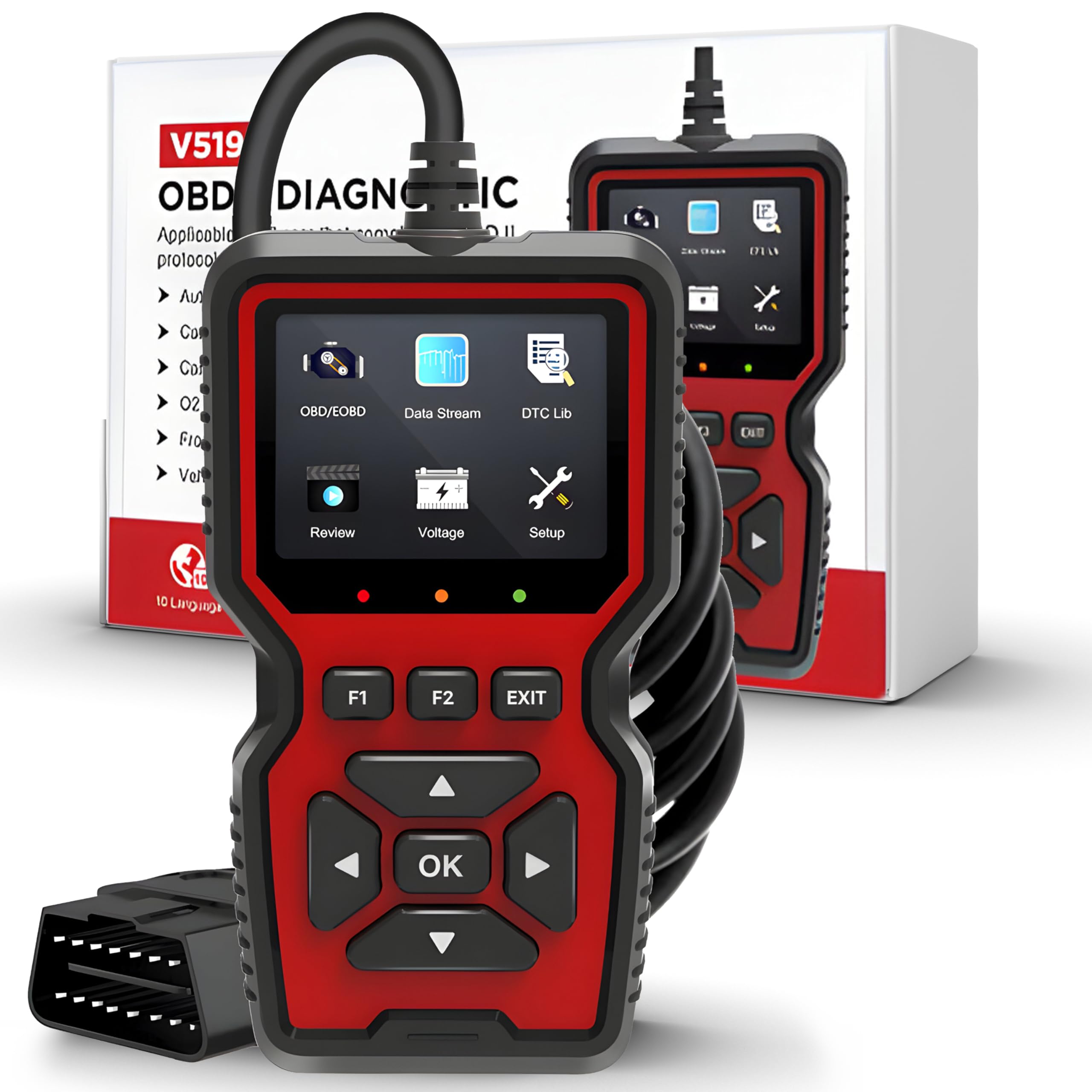 Retoo OBD2 Dispositivo de Diagnóstico Auto Lector, Escáner de Códigos de Error Análisis de Motor, Lector para Vehículos 9–16V, Diagnóstico de Sistema de Vehículo Multilingüe, Lector de Códigos V519