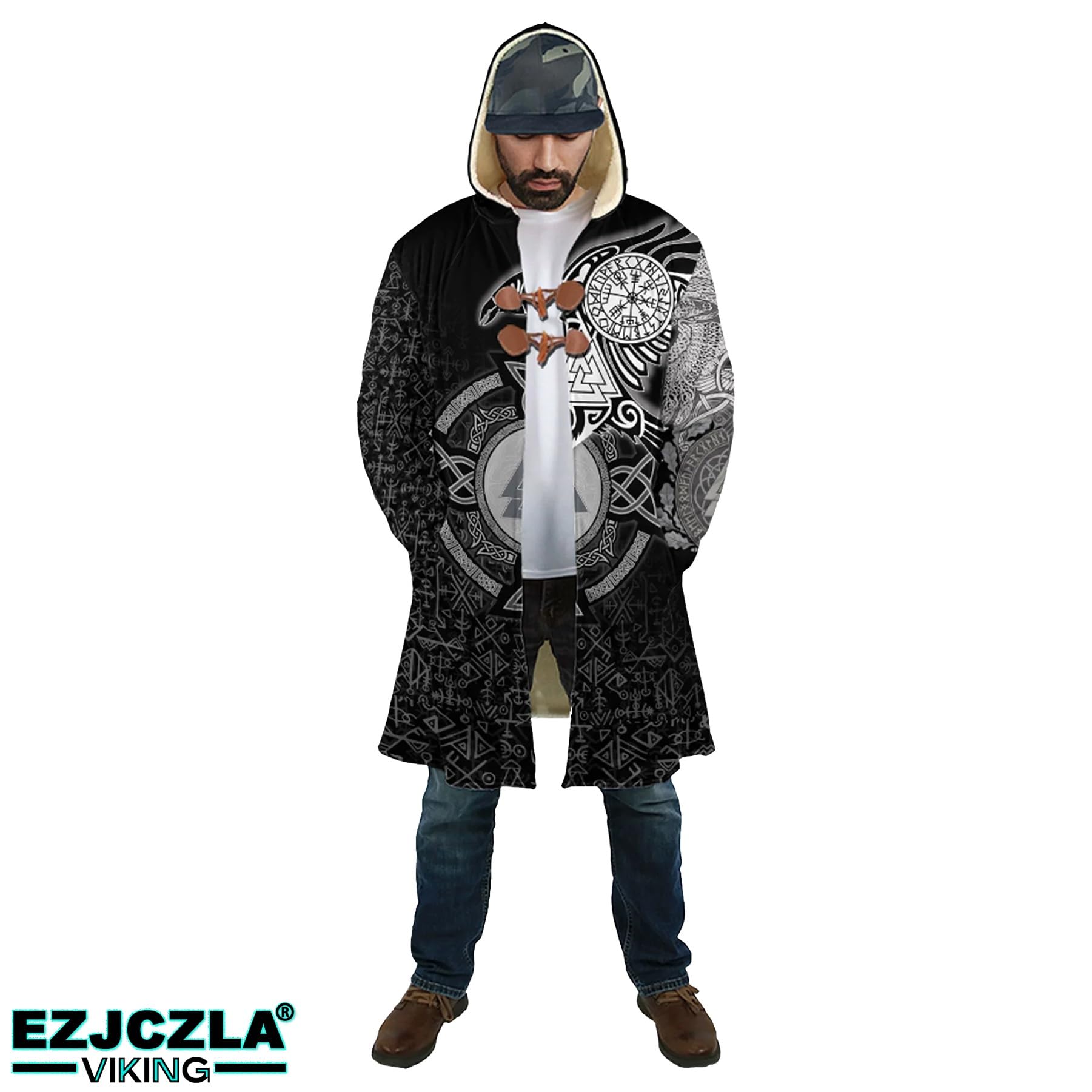Cappotto Invernale Uomo con Iconografia di Huginn e Muninn, Giacca a Vento Vichingo Ultra Morbida - Giubbotto in Lana Mista, Ideale per Rievocazioni e come Regalo a Tema Norreno