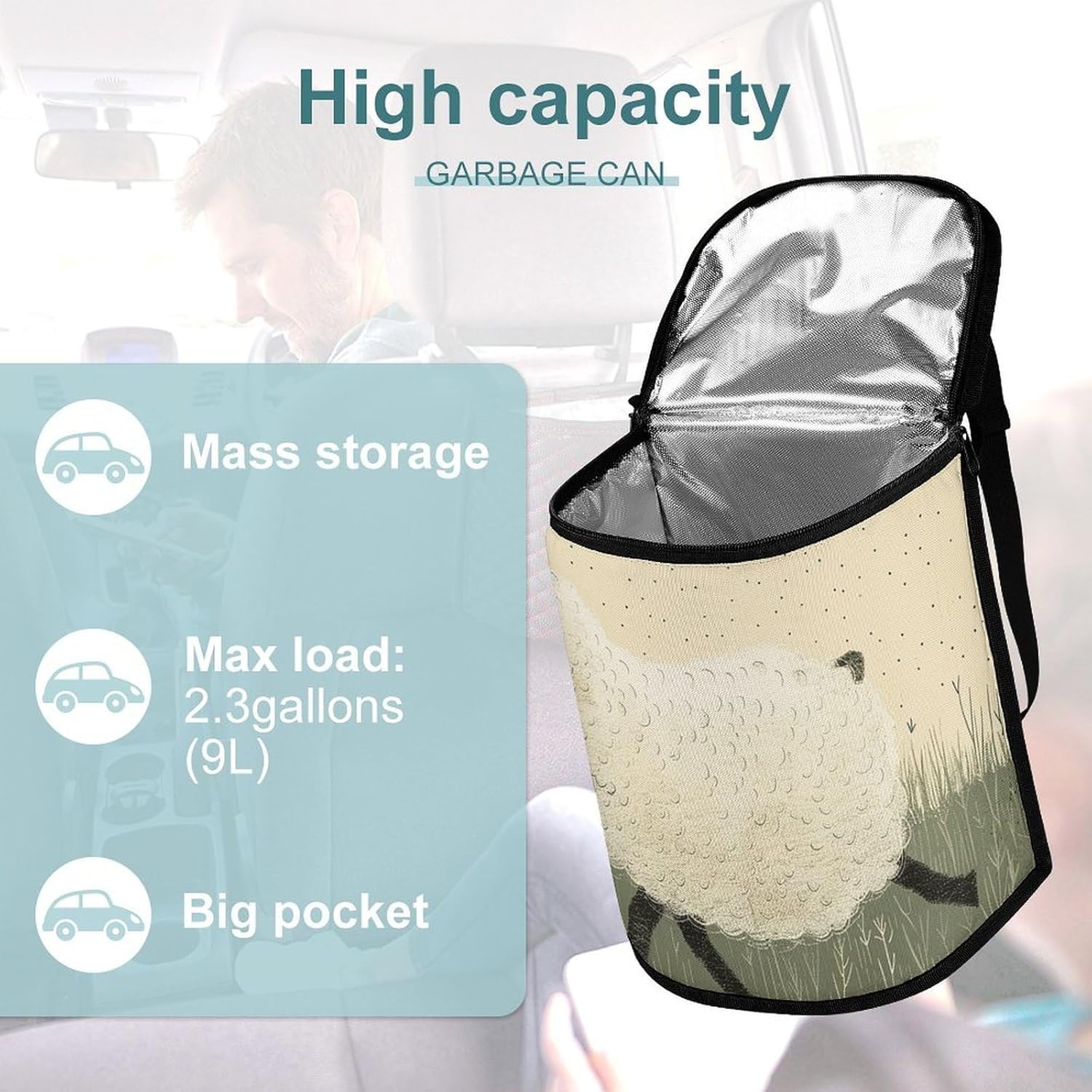 MUSM Leakproof Car Trash Can 2.5 Gallon, Durable Automotive Garbage Bag with Waterproof Liner, Hand Drawn Sheep Trash Bag for Car, Truck, RV & Bathroom