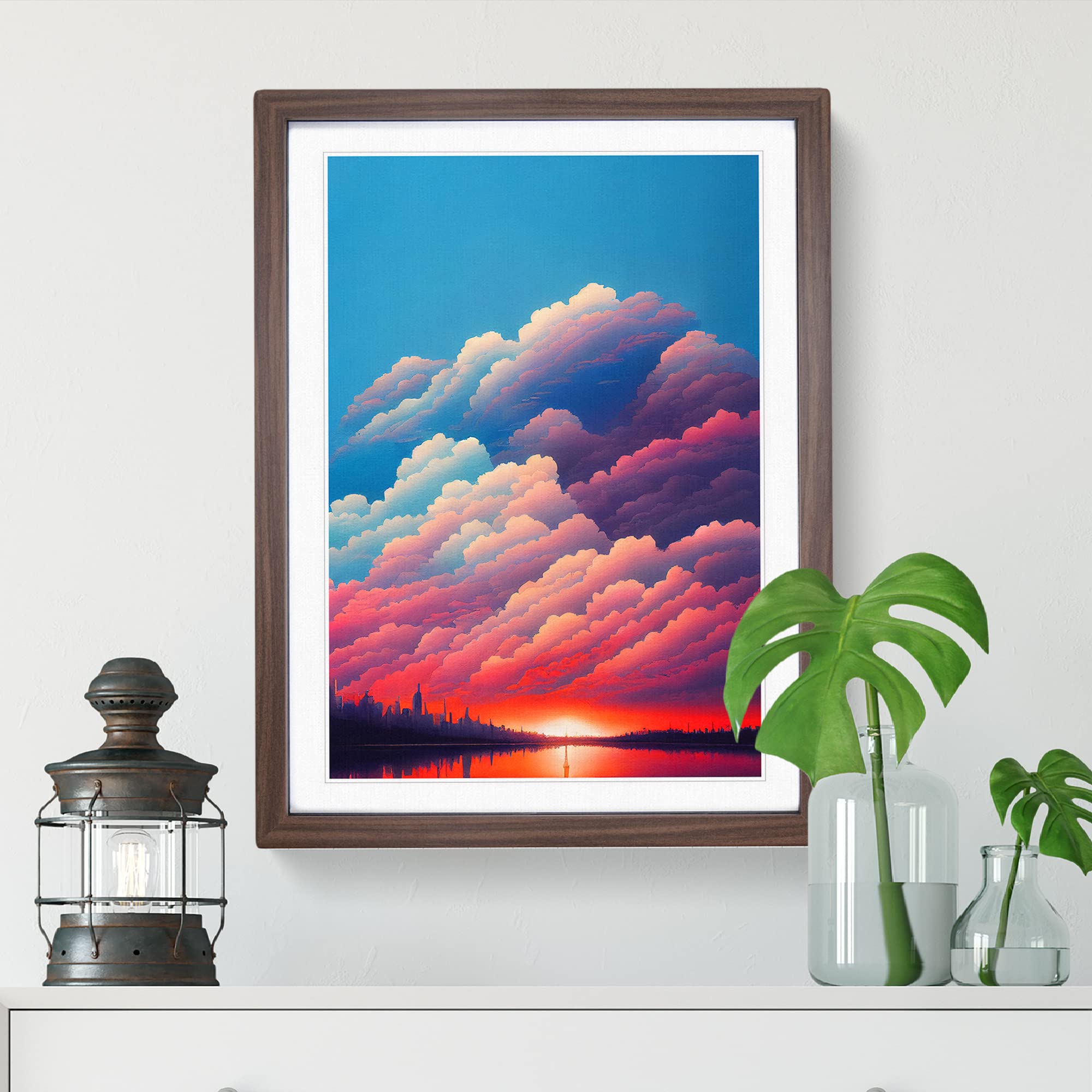 Watercolour City Skyline Clouds No.3 Framed Print, Walnut, A3 (34 x 46 cm) - Image 3