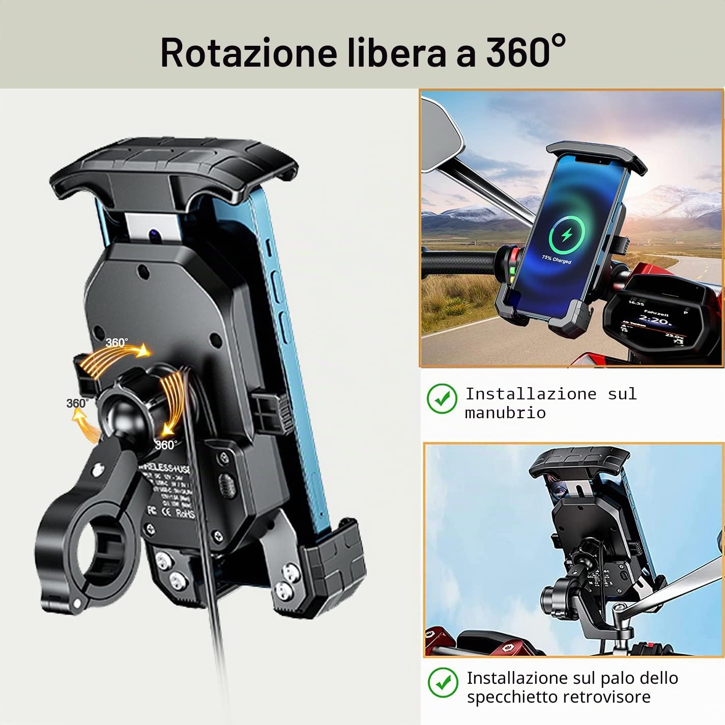 iMESTOU Motociclo Caricatore per Cellulare Senza Fili Qi 15W Caricatore Mobile per Moto USB C 3.0A con Base a Sfera in Alluminio per Manubrio Rotazione a 360° Ricarica Rapida per Cellulari da 4"-7“