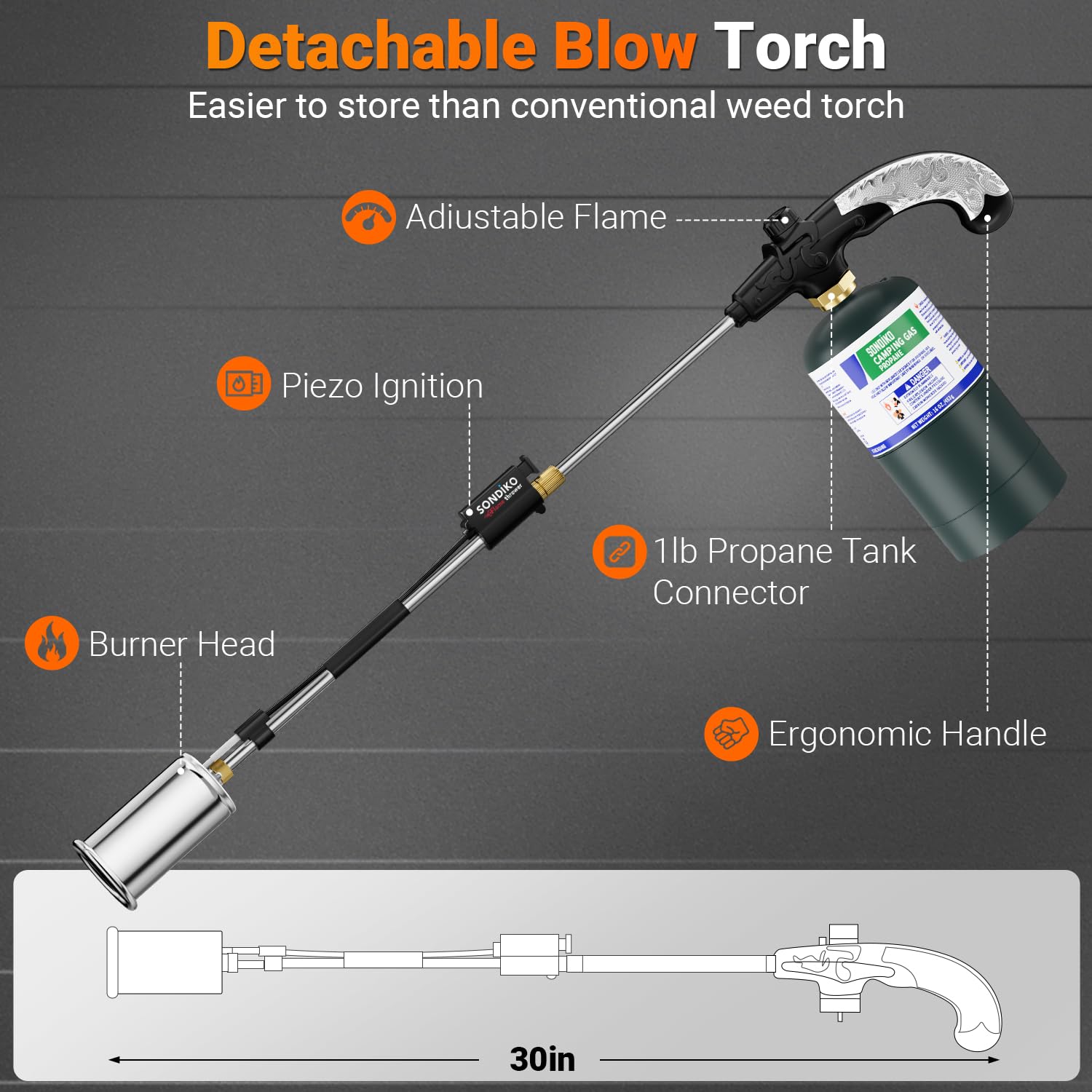 Sondiko Torcia a propano, bruciatore per erbacce, ad alto rendimento, lanciafiamme con braccio lungo staccabile da 76,2 cm, per giardino, legno, ghiaccio, neve, fusione (serbatoio di propano non