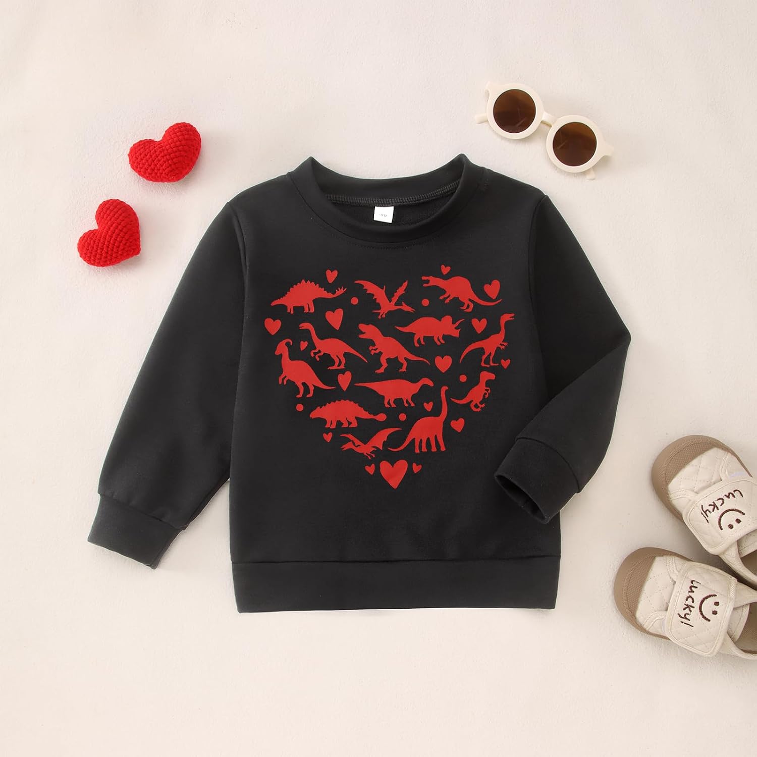 BOUTIKOME Toddler Boy Valentines Sweatshirts Dinosaur Heart Shirts Baby Long Sleeve Pullover Tops Dino Lover Clothes