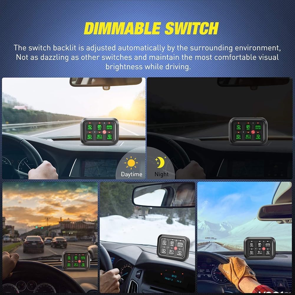 On-Off LED 6 Gang Switch Panel Automatic Dimmable, Waterproof Universal Circuit Control Relay System Slim Touch Panel for Car Truck Pickup Boat UTV SUV