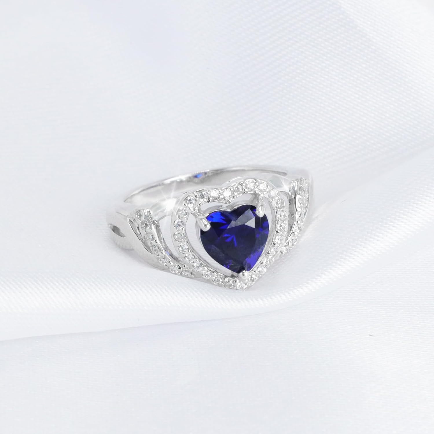Heart Shaped Birthstone Ring - 7mm Cubic Zirconia, 925 Sterling Silver, Promise Rings for Women, Created Sapphire, Size 10